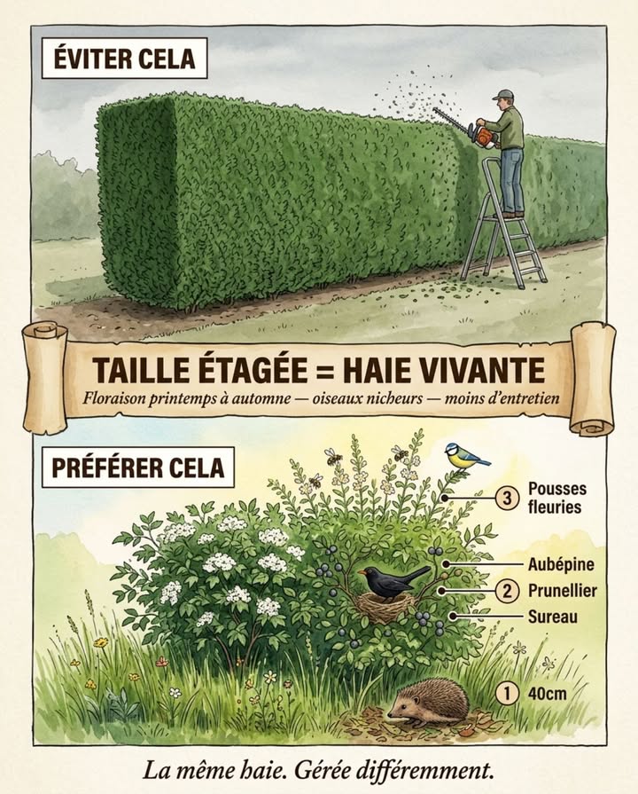 Une haie taillée en mur vertical toutes les six semaines ne produit aucune baie, nabrite aucun nid, ne fleurit pour aucun pollinisateur. Elle consomme du carburant, du temps et des lames pour rester géométrique  et ne rend presque rien. La même haie gérée différemment devient autre chose. 
Taille étagée sur la même haie  trois zones :
Zone 1  base libre sur 40 cm : jamais taillée, laissée senherber. Carabes, hérissons, orvets sy réfugient en journée.
Zone 2  cœur de la haie : taillé deux fois par an, en février et en août. Jamais en mai-juin période de nidification protégée par lArticle L411-1.
Zone 3  sommet arrondi et irrégulier : taillé une seule fois par an en août. Laisse monter les pousses fleuries et fruitières qui attirent les mésanges et les fauvettes.
Dès la deuxième année, la floraison explose là où la taille sarrête : aubépine, prunellier, sureau, troène remettent des fleurs et des fruits sur les tiges laissées libres. Les oiseaux reviennent dans les premières semaines  ils nont pas besoin dêtre appelés, juste dune structure quon a cessé de découper. 
Le merle noir niche dans le cœur dense. Le troglodyte se glisse dans la base libre. Laccenteur mouchet cherche les graines tombées au pied. Une haie-mur taillée ras les élimine tous les trois.
Le coût est négatif : une ou deux tailles au lieu de six, moins de carburant, aucun achat de lames supplémentaires. La base libre ne demande rien entre novembre et juillet.
#tailleÉtagée #haieVivante #oiseauxDuJardin #jardinage
