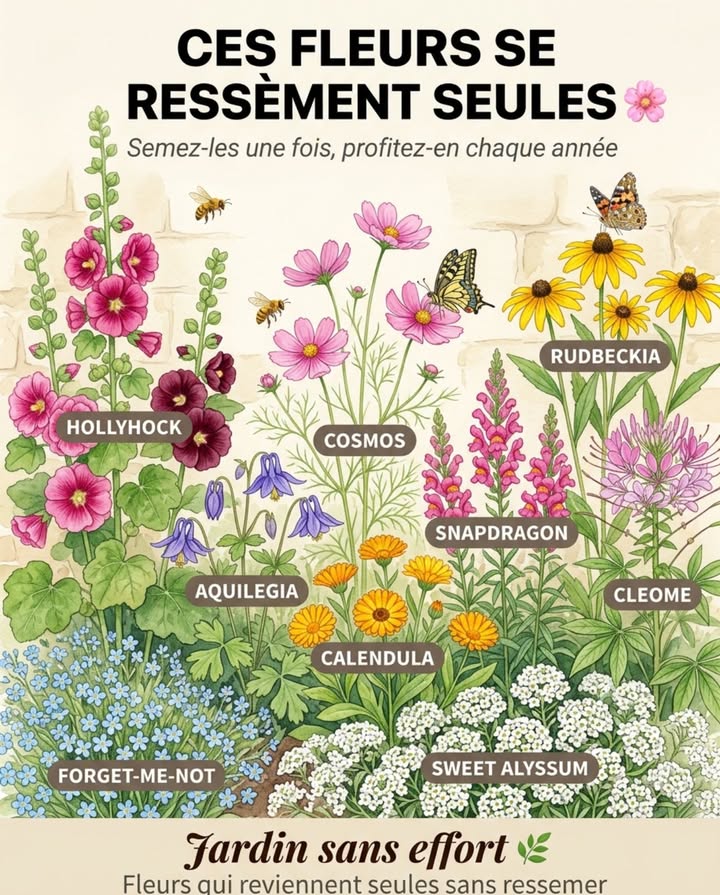 Semer une fois, profiter chaque année. Ces 9 fleurs produisent suffisamment de graines pour repeupler le massif seul  à condition de ne pas couper toutes les têtes fanées. 

Rose trémière  sétablit la première année, fleurit la deuxième et se resème ensuite chaque automne le long des murs et clôtures exposées.
Cosmos  producteur de graines léger et abondant, colonise rapidement les espaces vides.
Rudbeckia  vivace en plus dêtre auto-ressemant, revient par la racine et par graine.
Muflier  se ressème seul dans les fissures de muret et les graviers, prolifique en zone méditerranéenne.
Ancolie  se naturalise rapidement dans les massifs, produit des variantes de couleur imprévisibles dannée en année.
Souci Calendula  semis continus davril à novembre, germe dans le froid, supporte la neige légère.
Myosotis  floraison printanière bleu-ciel, tapis dense chaque année, disparaît en été et revient en automne.
Alysson odorant  fissures de muret, gravier, rocaille, partout où le sol est pauvre et bien drainé.
Cléome  port élancé, floraison rose-lilas de juillet aux gelées, graines abondantes. 

La seule règle : laisser au moins un tiers des fleurs monter en graines avant de couper.

#fleursAutoressemantes #jardinFacile #fleursSauvages #biodiversitéJardin