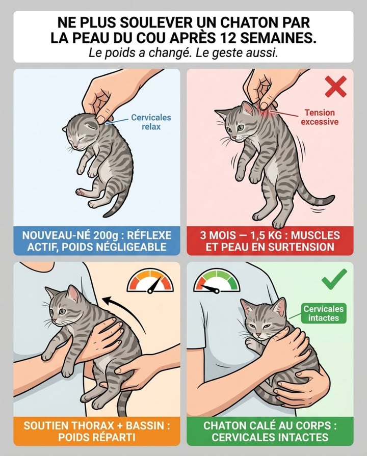 Soulever un chaton par la peau du cou, cest ce que fait sa mère  mais uniquement pendant les trois premières semaines, quand il pèse entre 100 et 300 grammes.

À trois mois, ce même geste suspend 1,5 kg sur une fine bande de peau et de muscle cervical. Le réflexe de figement a disparu. Le chaton se débat, ce qui aggrave la traction sur les cervicales.

 La bonne façon, simple :
Une main sous le thorax, juste derrière les pattes avant.
Lautre main soutient les pattes arrière et le bassin.
Le chaton est ramené contre le torse.

Le poids est réparti, les cervicales ne compensent rien.

Si un chaton montre une raideur au niveau du cou ou une réticence à lever la tête après ce geste  consultation vétérinaire.

Ce que la mère fait à 200 grammes ne fonctionne plus à 1,5 kilo. 

#ChatonManipulation #BienÊtreAnimal #ChatDomestique #GestesAnimaux