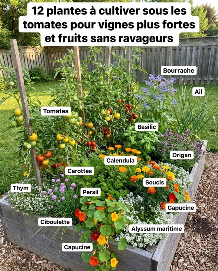 12 plantes à cultiver sous les tomates pour vignes plus fortes et fruits sans ravageurs

Les tomates nont pas besoin de pousser dans un sol nu, et elles prospèrent avec des plantes compagnes. Lespace sous les plants tuteurés ou en cage peut accueillir des compagnons qui repoussent les ravageurs, attirent les pollinisateurs, fixent lazote et gardent les racines fraîches, tandis que les tomates croissent vers le haut.

Basilic – Repousse les pucerons, aleurodes et sphinx de la tomate tout en améliorant la saveur des tomates lorsquil est planté à proximité

Souci – Dissuade les nématodes dans le sol et repousse les pucerons et sphinx de la tomate avec son odeur forte

Capucine – Agit comme plante piège, attirant les pucerons loin du feuillage des tomates

Bourrache – Attire les pollinisateurs et insectes bénéfiques tout en repoussant les sphinx de la tomate

Ciboulette – Repousse les pucerons et améliore la santé des tomates avec les composés soufrés dans ses racines

Persil – Attire les syrphes et guêpes prédatrices qui se nourrissent des ravageurs des tomates

Carottes – Ameublissent le sol compacté avec leurs racines pivotantes profondes, à récolter avant que les tomates ne sétendent largement

Calendula – Attire les insectes bénéfiques et ajoute de la couleur vive sous le feuillage vert des tomates

Ail – Fongicide naturel et répulsif contre les ravageurs qui protège les racines des tomates des maladies du sol

Origan – Couvre-sol aromatique bas qui repousse les ravageurs et tolère lombre des tomates

Thym – Tapis parfumé qui couvre le sol, réduit les adventices et repousse les aleurodes

Alyssum maritime – Fleurs au parfum de miel qui attirent les guêpes parasites et chrysopes qui contrôlent les pucerons

Lorsque les compagnons sont stratifiés sous les cultures hautes, chaque niveau du jardin produit et protège.