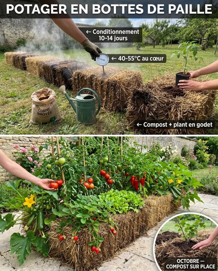 Une botte de paille rectangulaire coûte entre 2 et 4 euros chez un agriculteur. Posée au sol, conditionnée pendant deux semaines et plantée directement, elle produit des légumes sans terre, sans bêche, sans terrassement et sans mauvaise herbe  puis se décompose en compost sur place à la fin de la saison. Le potager le plus rapide du monde se monte en une heure et ne laisse rien à ranger.

Le principe surprend la première fois : la paille nest pas un support inerte. Cest une matière organique riche en carbone qui, une fois activée par lazote et leau, entre en décomposition lente et contrôlée. Cette décomposition produit de la chaleur un avantage au printemps, libère des nutriments progressivement et crée un substrat meuble que les racines colonisent exactement comme de la terre  en mieux, parce que la paille ne se compacte pas, ne forme pas de croûte et retient lhumidité comme une éponge.

CONDITIONNEMENT  LA PHASE CRITIQUE :

Les bottes de paille ne sont pas plantables en sortie de champ. Elles doivent être conditionnées pendant 10 à 14 jours avant la première plantation. Sans cette phase, lazote disponible dans la botte est trop faible pour nourrir les plantes, et la décomposition initiale produit un pic de chaleur qui peut griller les jeunes racines.

Jour 1 à 3 : arroser abondamment chaque botte  lobjectif est de saturer la paille en eau sur toute son épaisseur. Une botte sèche absorbe 40 à 60 litres deau avant dêtre saturée. Arroser au tuyau pendant cinq minutes par botte, deux fois par jour. La paille doit être mouillée jusquau cœur  tester en enfonçant la main, lintérieur doit être humide et tiède.

Jour 3 à 9 : alterner un jour darrosage pur et un jour darrosage avec un apport dazote. Lazote active les bactéries de décomposition. Deux options : saupoudrer 100 g de sang séché ou de corne broyée sur chaque botte les jours impairs et arroser par-dessus  ou arroser avec du purin dortie dilué à 10 %. La botte chauffe. Enfoncer un thermomètre de compost au cœur  la température monte entre 40 et 55C pendant cette phase. Cest normal. Cest la décomposition aérobie qui démarre.

Jour 10 à 14 : la température redescend sous 35C. La botte est prête. La paille intérieure est devenue brune et souple, elle sent le champignon frais  le même parfum que le sous-bois en automne. Les champignons saprophytes ont commencé à coloniser les fibres. La botte est devenue un substrat vivant.

PLANTATION :

Deux méthodes selon le type de culture.

Pour les plants en godets tomates, courgettes, poivrons, courges, concombres, fraisiers : écarter la paille en surface avec les mains, créer un trou de 10-15 cm de profondeur, remplir le fond avec une poignée de compost, insérer la motte du plant, refermer la paille autour de la tige. La paille maintient lhumidité autour des racines en permanence.

Pour les semis directs haricots, radis, mesclun, épinards, roquette : étaler une couche de 3-4 cm de terreau de semis sur la surface de la botte. Semer dans cette couche. Les racines descendent ensuite dans la paille en décomposition à mesure quelles grandissent.

Chaque botte standard 80  40  35 cm accueille 2 plants de tomates OU 3 plants de courgettes OU 4 plants de poivrons OU 1 plant de courge coureuse OU 2 rangs de haricots OU une surface complète de mesclun.

ARROSAGE ET NUTRITION :

La botte de paille boit beaucoup  plus quun pot, moins quune pleine terre argileuse. En été, compter un arrosage quotidien de 5 à 8 litres par botte. Un tuyau microporeux posé sur le dessus des bottes et raccordé à un programmateur réduit le travail à zéro. Le purin de consoude dilué à 10 % toutes les deux semaines à partir de la floraison fournit le potassium nécessaire aux fruits.

COMPORTEMENT SUR UNE SAISON :

La botte se tasse denviron 30 % entre avril et septembre. Les racines des plantes la maintiennent en forme  une botte plantée se décompose plus lentement quune botte nue. En fin de saison, la paille est devenue un compost grossier brun-noir. Deux options : laisser les bottes en place et planter un engrais vert dautomne dedans moutarde, phacélie, ou étaler les bottes décomposées directement sur les planches de culture comme paillage nutritif pour lhiver.

AVANTAGES SPÉCIFIQUES :

Zéro mauvaise herbe. La paille compressée ne contient pas de graines viables  la fermentation du conditionnement détruit celles qui auraient survécu au battage. Aucun désherbage de toute la saison.

Fonctionne sur béton. Les bottes posées sur une terrasse, une cour ou un parking produisent exactement comme sur de la terre  les racines nont pas besoin de sol en dessous. Le drainage se fait naturellement à travers les ficelles de la botte.

Chaleur résiduelle. La décomposition lente continue de produire une chaleur douce de quelques degrés au niveau des racines. Les tomates sur bottes de paille mûrissent en moyenne une à deux semaines plus tôt que les mêmes variétés en pleine terre à côté.

Six bottes en ligne sur 5 mètres, conditionnées en mars, plantées en avril  un potager complet sans un coup de bêche. En octobre, il ne reste quun tas de compost là où poussaient les tomates. La saison suivante, le même emplacement ou un autre. Le potager le plus simple est aussi le seul qui disparaît en nourrissant le sol quil a occupé.

#PotagerEnPaille #CultureSurBottes #PotagerSansTerre #ZéroTerrassement #JardinageBiologique