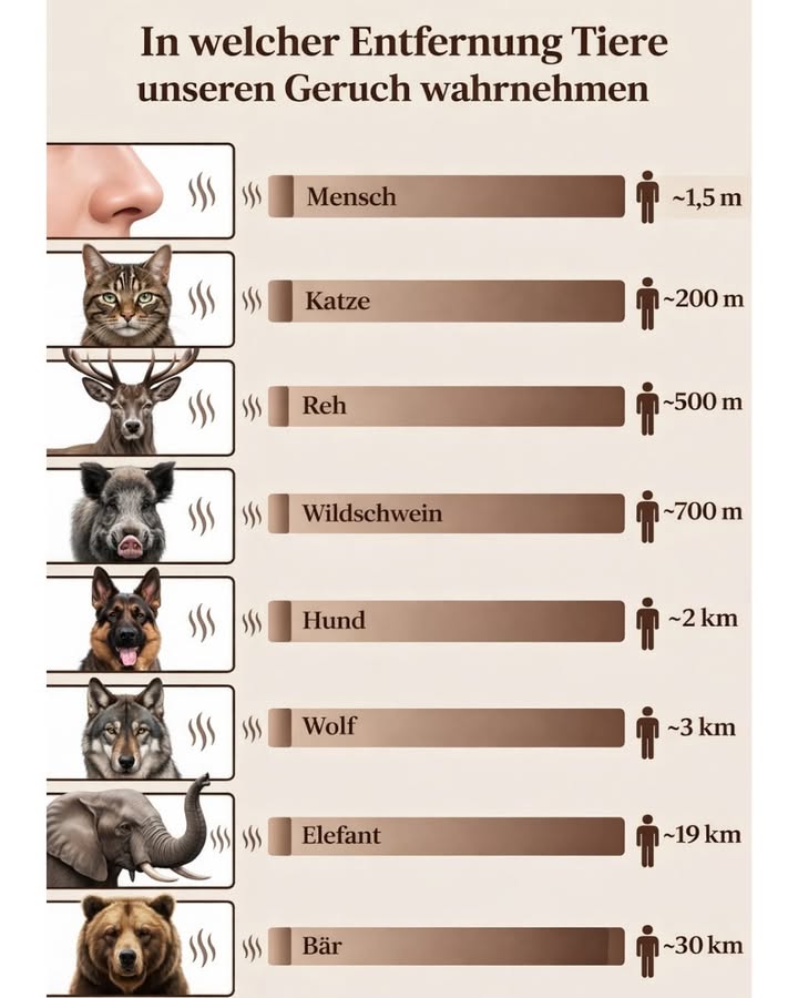 In welcher Entfernung Tiere unseren Geruch wahrnehmen 

Unser Geruchssinn ist im Vergleich zu vielen Tieren erstaunlich schwach. Während wir Gerüche oft nur in unmittelbarer Nähe wahrnehmen, können Tiere uns aus beeindruckenden Entfernungen riechen  besonders in freier Natur.

Hier ein spannender Überblick:

 Mensch  ca. 1,5 Meter
Unser eigener Geruchssinn ist im Vergleich sehr begrenzt.

 Katze  bis ca. 200 Meter
Katzen haben einen deutlich feineren Geruchssinn als wir.

歷 Reh  bis ca. 500 Meter
Wildtiere nutzen ihren Geruchssinn, um Gefahren frühzeitig zu erkennen.

 Wildschwein  bis ca. 700 Meter
Sehr sensibel für Gerüche  besonders bei der Nahrungssuche.

 Hund  bis ca. 2 Kilometer
Hunde besitzen bis zu 300 Millionen Riechzellen  echte Spürnasen!

 Wolf  bis ca. 3 Kilometer
In der Wildnis überlebenswichtig für Jagd und Kommunikation.

 Elefant  bis ca. 19 Kilometer
Ihr außergewöhnlicher Geruchssinn hilft ihnen, Wasserquellen zu finden.

 Bär  bis ca. 30 Kilometer
Einer der stärksten Geruchssinne im Tierreich  sie können Nahrung über enorme Distanzen wittern.

 Natürlich hängen diese Entfernungen stark von Wind, Wetter, Umgebung und Intensität des Geruchs ab.