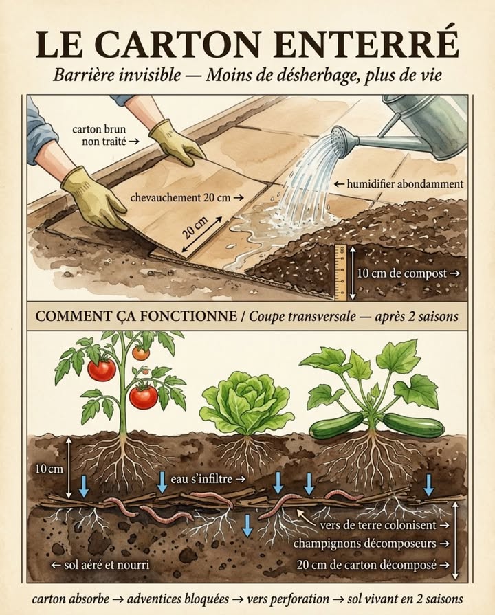 Le carton enterré sous un potager agit comme une barrière anti-adventices biodégradable et comme un activateur de vie du sol simultanément. En se décomposant, il nourrit les vers de terre qui perforent le sol compacté en dessous  exactement là où aucun outil ne descend.

Une couche de carton de 5 mm dépaisseur enterrée à 10 cm de profondeur bloque les mauvaises herbes à rhizomes pendant deux saisons complètes  sans désherbant, sans bâche plastique, sans intervention. La troisième année, le carton est entièrement décomposé et a laissé une couche dhumus sombre à la place.

Mise en place en 20 minutes :
 Retirer les agrafes métalliques et les adhésifs plastifiés du carton  seul le carton brun brut est compostable rapidement
 Humidifier abondamment les cartons avant de les poser  du carton sec imperméabilise au lieu dabsorber
 Poser en chevauchement de 20 cm minimum pour quaucune adventice ne trouve un joint
 Recouvrir de 10 cm de compost ou de terreau
 Planter immédiatement en faisant des trous dans le carton humide pour y glisser les plants

Le carton attire les vers de terre en surface du sol compacté  ils remontent le long des fibres humides pour se nourrir de la cellulose en décomposition et perforent le sol en descendant, créant des galeries daération et dinfiltration là où le sol était fermé.

En deux saisons, la zone sous carton est plus meuble, plus riche et plus infiltrante que le sol voisin non traité  sans bêchage, sans motoculteur, sans travail.

Certains potagers sur carton retournent leur planche chaque automne depuis dix ans avec du carton neuf récupéré gratuitement chez les commerçants du quartier.

#potager #cartonnage #jardinagefacile #soldurable