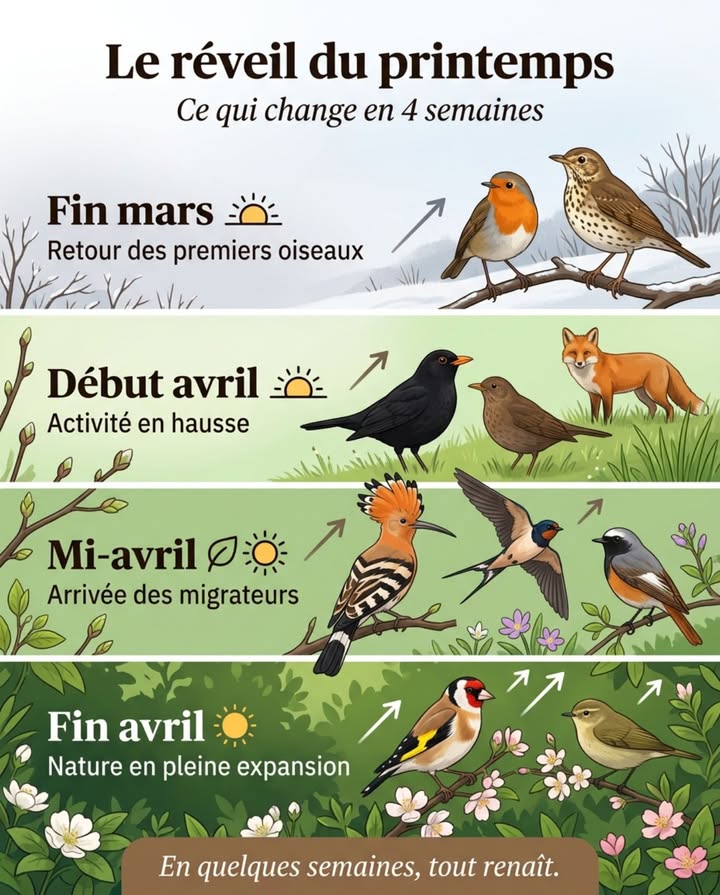 Quatre semaines. Fin mars à fin avril. Le jardin français passe de lhiver au pic de biodiversité.

Ce poster indique quoi chercher à chaque étape  du retour des premières grives fin mars à larrivée de la huppe fasciée et de lhirondelle rustique mi-avril, jusquau pic de chardonneret et pouillot fin avril.

Le matin tôt reste le meilleur moment. 

#RéveilDuPrintemps #OiseauxFrance #FauneJardin #NatureObservation