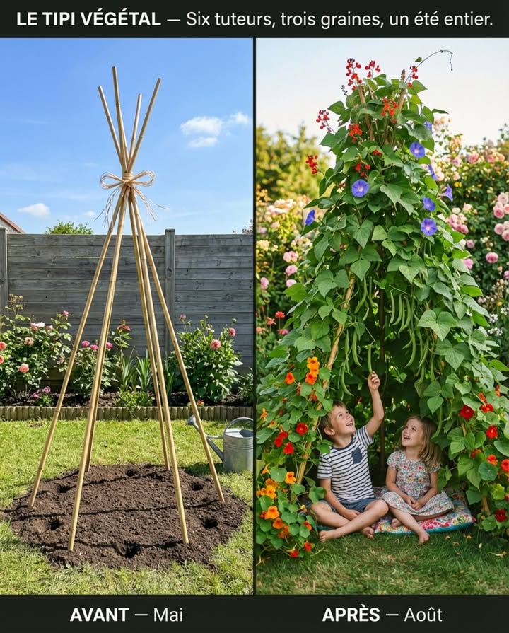 Six tuteurs en bambou, une ficelle au sommet, quelques graines au pied de chaque tuteur. En six semaines, les haricots à rames transforment cette structure en une vraie cabane végétale où les enfants passent lété. 

Le secret tient en un principe : choisir des plantes qui grimpent seules en senroulant autour des tuteurs sans attache ni guidage. Le haricot à rames est le grimpeur le plus rapide du potager  sa tige volubile fait un tour complet autour du support toutes les vingt-quatre heures et atteint le sommet du tipi en trois semaines. Aucune intervention nécessaire.

Construire la structure : planter six tuteurs en bambou de 2 à 2,50 m en cercle de 1,50 m de diamètre, enfoncés de 20 cm dans le sol. Lier les sommets ensemble avec de la ficelle de raphia ou de jute  un nœud simple suffit. Laisser un espace de 50 cm entre deux tuteurs pour lentrée. Langle dinclinaison naturel et le poids des plantes suffisent à stabiliser lensemble.

Semer après les saints de glace  mi-mai en Île-de-France, fin mai en région plus froide. Déposer trois à quatre graines au pied de chaque tuteur, à 3 cm de profondeur. Les graines germent en une semaine si le sol est à 12C minimum. Éclaircir à deux plants par tuteur une fois les premières feuilles développées.

Les plantes idéales pour un tipi végétal :

Haricot à rames Phaseolus vulgaris var. communis le plus rapide et le plus productif  atteint 2,50 m en cinq semaines. Chaque plant produit des haricots verts pendant deux mois si on récolte régulièrement. La variété Cobra est la plus fiable, gousses longues et tendres sans fil.

Haricot dEspagne Phaseolus coccineus fleurs rouge vif spectaculaires qui attirent les bourdons, feuillage plus dense que le haricot classique, gousses comestibles jeunes. Les fleurs rouges transforment le tipi en structure ornementale autant que nourricière.

Capucine grimpante Tropaeolum majus fleurs orange, jaune et rouge vif de juin aux gelées. Les feuilles sont comestibles  goût poivré  et les boutons floraux se conservent dans le vinaigre comme des câpres. Semer directement au pied des tuteurs, la capucine grimpe jusquà 3 mètres.

Ipomée Ipomoea purpurea fleurs en trompette bleu-violet qui souvrent le matin et se referment à midi. Croissance explosive  elle couvre les espaces laissés par les haricots et crée un mur dense de feuilles en forme de cœur. Non comestible mais spectaculaire.

Lastuce que les photos ne montrent pas : semer les capucines et les ipomées côté sud du tipi, là où le soleil frappe directement, et les haricots côté nord et est où la lumière indirecte leur suffit. Cette répartition maximise la floraison visible de lextérieur et la production de haricots à lintérieur.

Arroser abondamment les deux premières semaines  les graines ont besoin dhumidité constante pour germer. Ensuite, les racines plongent assez profondément pour que le tipi supporte trois à quatre jours sans arrosage sauf en canicule.

Le sol à lintérieur du tipi reste frais et ombragé. Poser un coussin ou une couverture, installer une petite caisse pour les livres  le tipi végétal devient le point de ralliement du jardin pour le reste de lété. Les enfants récoltent les haricots et les fleurs de capucine en passant. 華

#TipiVégétal #JardinEnfants #CabaneVégétale