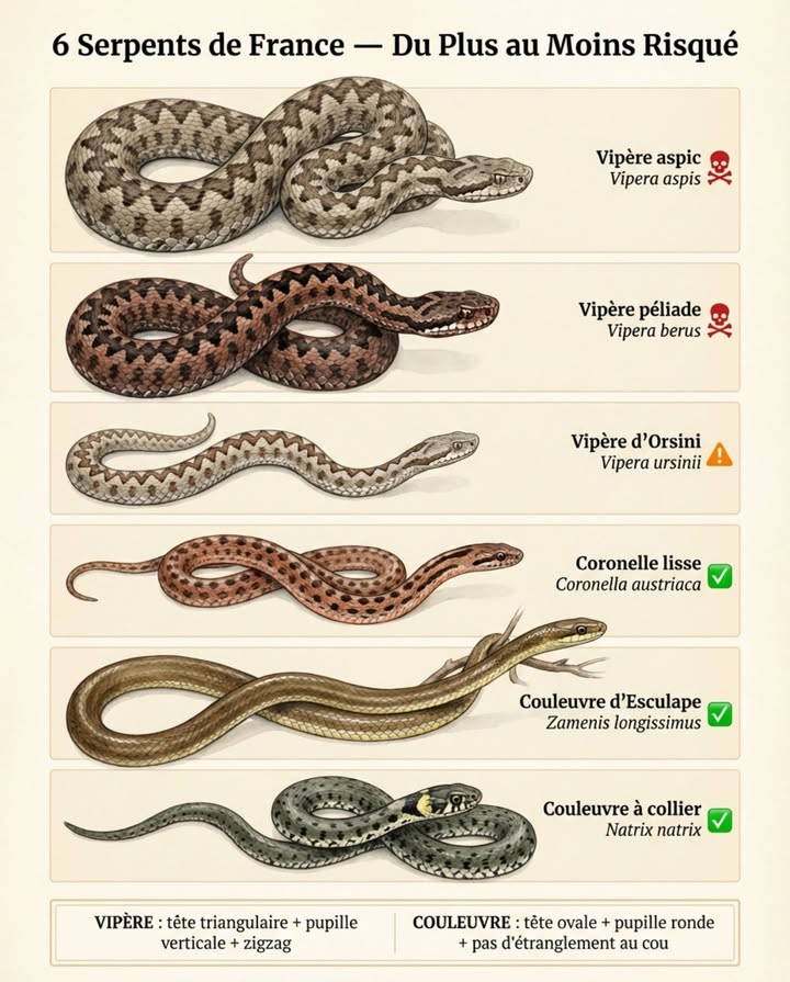 En France, sur les serpents que vous pouvez croiser, seuls trois sont venimeux. Les autres sont protégés par la loi  et tués par erreur chaque année. 

Ce guide classe les six espèces les plus communes, des plus dangereuses aux plus inoffensives.

6 SERPENTS DE FRANCE  DU PLUS AU MOINS RISQUÉ

Venimeux

Vipère aspic Vipera aspis 
La plus répandue des deux vipères françaises. Reconnaissable à sa tête triangulaire bien distincte du cou, son museau légèrement retroussé et son motif en zigzag dorsal. Présente dans toute la France sauf le Nord. Responsable de la quasi-totalité des envenimations en France environ 1 000 morsures par an. Morsure douloureuse, œdème, nausées  rarement grave chez ladulte sain, toujours à prendre en charge médicalement.

Vipère péliade Vipera berus 
Seconde vipère française. Plus nordique et montagnarde  Vosges, Alpes, Massif Central, Bretagne. Même profil : tête triangulaire, pupille verticale, zigzag dorsal. Venin similaire à la vipère aspic. Morsures peu fréquentes.

Vipère dOrsini Vipera ursinii 
La plus petite et la plus rare. Uniquement dans les pelouses daltitude des Alpes du Sud Hautes-Alpes, Alpes-de-Haute-Provence. Venimeuse mais venin très faible  aucun décès connu. Extrêmement craintive, morsure exceptionnelle.

Inoffensives

Coronelle lisse Coronella austriaca 
Lespèce la plus tuée par erreur en France. Ressemble à une vipère : strie sombre derrière lœil, dos brun avec motif sombre. DIFFÉRENCE CLÉ : tête ovale non distincte du cou, pupille ronde, museau droit. Totalement inoffensive. Strictement protégée.

Couleuvre dEsculape Zamenis longissimus 
Grande couleuvre atteignant 1,5-2 m  la plus grande de France. Brun-olive uniforme, ventre clair, tête allongée. Aucun venin, aucun danger pour ladulte. Grimpe aux arbres. Strictement protégée.

Couleuvre à collier Natrix natrix 
La plus commune de France. Reconnaissable à son collier jaune-blanc derrière la tête. Fréquente près de leau. Quand menacée, peut aplatir sa tête et feindre la mort  fait croire à une vipère. Complètement inoffensive.

LA RÈGLE DIDENTIFICATION EN FRANCE

Vipère : tête triangulaire clairement distincte du cou  pupille verticale  zigzag dorsal
Couleuvre : tête ovale sans étranglement au cou  pupille ronde

Si vous nêtes pas certain  observez de loin, ne touchez pas.

QUE FAIRE EN CAS DE MORSURE

Appelez le 15 SAMU ou le 112
Immobilisez le membre mordu en position basse
Retirez bagues et montres risque dœdème
Nincisez pas, ne sucez pas, ne posez pas de garrot
Allez aux urgences  lantivenin Viperfav est disponible dans les hôpitaux français

Si vous croisez un serpent dans votre jardin : reculez doucement, ne lattrapez pas, ne le tuez pas. Couleuvres et coronelles éliminent rongeurs et limaces. Tuer un serpent protégé est passible damende. 

#SerpensFrance #FauneLocale #ProtectionNature #HerpétologieFrance