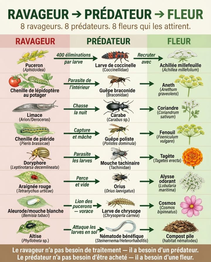 Les prédateurs naturels de vos ravageurs sont déjà présents dans votre secteur. Ils ne viennent pas parce quils nont pas de raison de sarrêter. Une fleur change ça.

Les adultes des insectes prédateurs ont besoin de nectar et de pollen pour survivre et se reproduire  leurs larves, elles, chassent les ravageurs. Planter la bonne fleur au bon endroit, cest maintenir les adultes assez longtemps près du problème pour quils pondent. Ce sont les larves qui travaillent.

Quatre chaînes directement applicables au potager français :
Pucerons  larves de coccinelle  achillée millefeuille. Une larve élimine jusquà 400 pucerons avant de se nymphoser.
Limaces  carabe  coriandre en fleur. Le carabe chasse la nuit. La fleur lui offre un abri diurne à proximité des rangs.
Chenilles  guêpe poliste  fenouil en ombelle. La guêpe mâche les chenilles et les rapporte à son nid  une colonie en élimine des dizaines par jour près des brassicas.
Aleurodes  larve de chrysope  cosmos. Les mâchoires en faucille de la larve vident un aleurode en quelques secondes.

 Une fleur par problème. Le reste sassemble seul.

#Lutteбиологique #AuxiliairesDuJardin #JardinNaturel #CompagnonsDePlantation