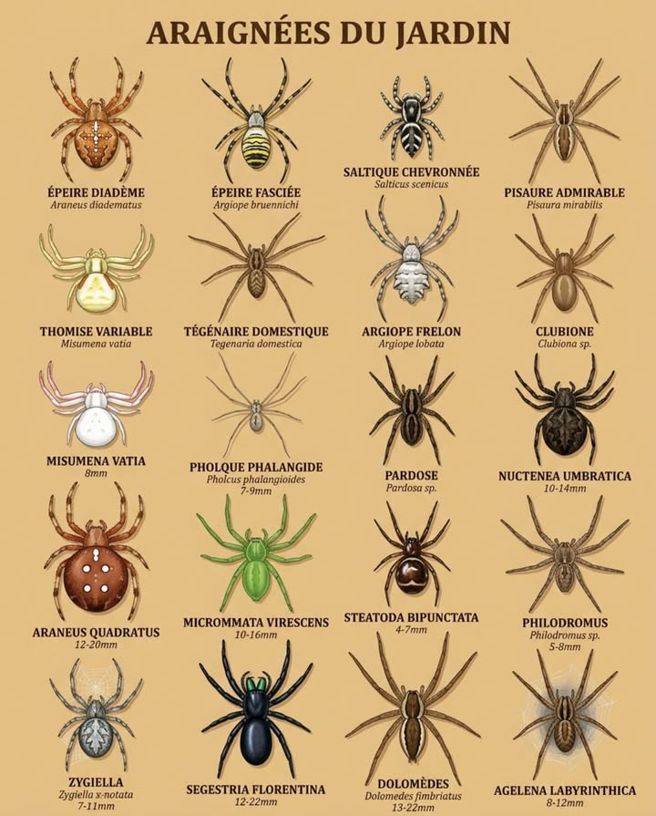 20 araignées. Toutes présentes dans un jardin français.

Aucune nest dangereuse pour lhumain. Chacune capture entre 400 et 2 000 insectes par saison.

Si une toile apparaît entre vos plants de légumes, laissez-la. Chaque fil tendu remplace un traitement. 

#AraignéesDuJardin #FauneJardin #JardinNaturel #BiodiversitéFrance