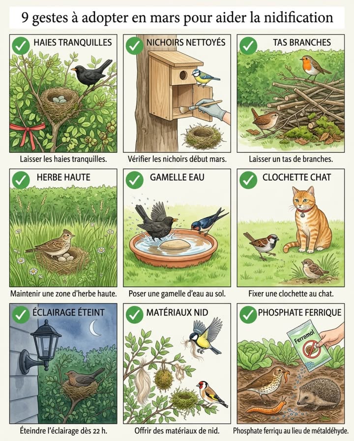 Mars = début nidification oiseaux jardin. Neuf gestes simples transforment jardin en maternité fonctionnelle sans matériel ni temps 

1. Haies tranquilles 15 mars-31 août : Recommandation LPO/OFB obligation légale haies agricoles uniquement. Protège merles, fauvettes, accenteurs nichant dans branchages dès premiers redoux.

2. Nichoirs nettoyés début mars : retirer ancien nid, brosser à sec sans produit. Propre fin février = occupé mi-mars. Nettoyé avril = couvée dérangée.

3. Tas branches 1 m hauteur : attire troglodyte niche entre brindilles et rouge-gorge construit base. Vérifier visuellement sans toucher après 3 semaines.

4. Zone herbe haute 50 cm le long haie : bordure non tondue mars-juillet protège nids sol perdrix grises, alouettes. 3 m linéaire suffisent.

5. Gamelle eau peu profonde 3 cm : oiseaux besoin boue construction nids merle, hirondelle  eau boire/baigner. Caillou centre, changer tous 2 jours.

6. Clochette collier chat mars-août : chat domestique tue 27 oiseaux/an moyenne France. Jeunes sortis nid incapables voler = vulnérables mai-juillet. Clochette réduit prédation 50%.

7. Éclairage extérieur éteint 22h : lumière artificielle perturbe couvaison, provoque abandons nid. Minuteur simple suffit.

8. Matériaux nid disponibles : poils chien, mousse sèche, fibres laine courtes