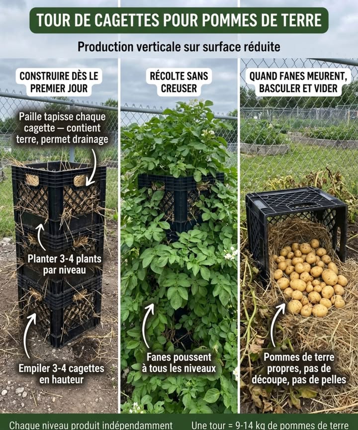 Tour de cagettes pour culture de pommes de terre
Production verticale sur surface réduite

Au lieu de creuser des rangées, cette méthode empile des cagettes en plastique, plante des pommes de terre à chaque niveau et récolte simplement en basculant les cagettes. Pas de bêchage, pas de tubercules coupés, pas de mal de dos. Des pommes de terre propres sur une emprise au sol denviron 3030 cm.

PRINCIPE : PLANTER À CHAQUE NIVEAU

Contrairement aux méthodes qui ajoutent de la terre progressivement, on construit la tour entière dès le premier jour avec des plants à chaque cagette. Cela permet aux tubercules de se former sur toute la hauteur, pas seulement en haut.

CONSTRUCTION par cagette :

1. Tapisser le fond et les côtés avec de la paille épaisse retient la terre, permet le drainage
2. Remplir à moitié avec mélange de terreau et compost
3. Placer 3 à 4 plants de pommes de terre, germes vers lextérieur
4. Couvrir avec 8 à 10 cm de terre supplémentaire
5. Empiler la cagette suivante directement au-dessus, répéter

HAUTEUR DE LA TOUR :

3 à 4 cagettes idéal plus devient instable
Chaque niveau produit indépendamment
Une tour = 9 à 16 plants sur environ 0,09 m

ARROSAGE PAR PULVÉRISATION LATÉRALE :

Leau traverse trop rapidement les systèmes verticaux. Solution : pulvériser leau directement à travers les ouvertures des cagettes inférieures. La conception à grille permet dinjecter lhumidité dans les niveaux moyens et inférieurs sans noyer le sommet.

RÉCOLTE SANS BÊCHE :

Lorsque les fanes jaunissent et meurent :

1. Soulever les cagettes une par une
2. Basculer sur bâche
3. La terre tombe, les pommes de terre roulent propres
4. Pas de fourche, pas de découpe, pas de creusage
5. Paille et terre usée vont directement au compost

MEILLEURES VARIÉTÉS POUR TOURS :

Charlotte, Amandine, Ratte, Belle de Fontenay, Bintje

UNE TOUR = 9 À 14 KG DE POMMES DE TERRE

Chaque niveau produit indépendamment.