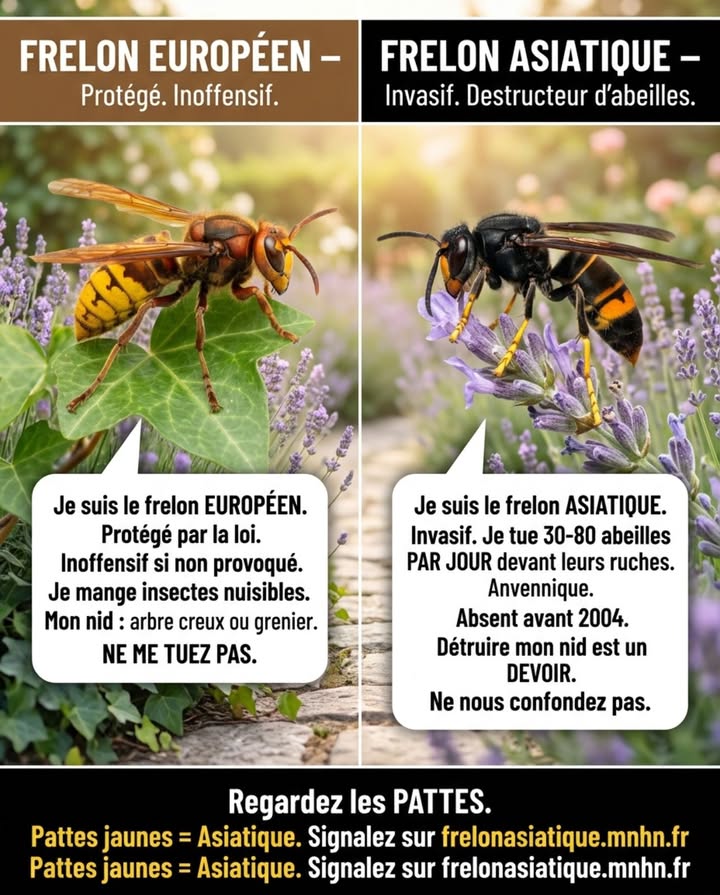 En avril, les reines fondent de nouvelles colonies. Cest le meilleur moment pour agir  mais seulement contre le bon frelon.

 Frelon européen Vespa crabro : grand 3-4 cm, abdomen jaune à bandes brunes, pattes brunes. Protégé. Mange guêpes, mouches, moustiques. Ne pique que si le nid est menacé. Ne pas détruire.

 Frelon asiatique Vespa velutina : plus petit 2,5-3 cm, corps noir, anneau orange, pattes à extrémités jaunes. Invasif depuis 2004. Tue 30-80 abeilles par jour devant les ruches.

Le critère clé : regardez les pattes. Jaunes = asiatique.

En avril, les pré-nids sont de la taille dune balle de golf. Signalez sur frelonasiatique.mnhn.fr  destruction gratuite dans de nombreux départements. 

#FrelonAsiatique #FrelonEuropéen #BiodiversitéFrance #ProtégezLesAbeilles