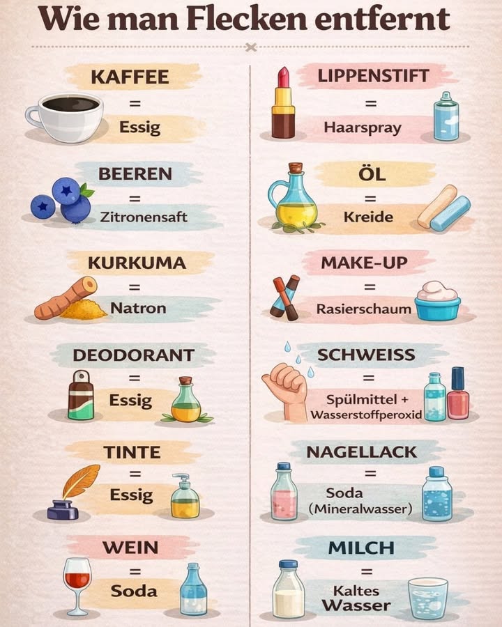 狀 Flecken entfernen leicht gemacht  einfache Hausmittel, die wirklich helfen!

Kaffeefleck auf dem Shirt, Make-up auf dem Kragen oder Weinfleck auf dem Teppich? Keine Panik! Mit einfachen Hausmitteln, die fast jeder zu Hause hat, lassen sich die meisten Flecken schnell und effektiv entfernen.

Hier sind bewährte Lösungen für die häufigsten Flecken 

 Kaffee
 Essig
Ein Tuch mit Essig tränken, vorsichtig auftupfen und anschließend mit klarem Wasser ausspülen.

𢡄 Beeren
 Zitronensaft
Direkt auf den Fleck geben, kurz einwirken lassen und auswaschen.

 Kurkuma
 Natron
Mit etwas Wasser zu einer Paste mischen, auftragen, trocknen lassen und ausbürsten.

林 Deodorant
 Essig
Hilft besonders gut gegen weiße Rückstände auf dunkler Kleidung.

 Tinte
 Essig
Den Fleck vorsichtig betupfen, nicht reiben, danach ausspülen.

 Wein
 Soda / Mineralwasser
Sofort aufgießen, damit sich der Fleck nicht festsetzt.

 Lippenstift
 Haarspray
Aufsprühen, kurz warten und mit einem Tuch abtupfen.

㮝 Öl
 Kreide
Die Kreide saugt das Fett auf  ideal für frische Flecken.

 Make-up
 Rasierschaum
Einmassieren, kurz wirken lassen und auswaschen.

 Schweiß
 Spülmittel  Wasserstoffperoxid
Besonders wirksam bei gelblichen Flecken.

 Nagellack
 Soda / Mineralwasser
Schnell handeln, bevor der Lack trocknet.

拏 Milch
 Kaltes Wasser
Nicht warm waschen, sonst gerinnt das Eiweiß.

Diese einfachen Tricks sparen Zeit, Geld und Nerven  und retten so manches Lieblingskleidungsstück.