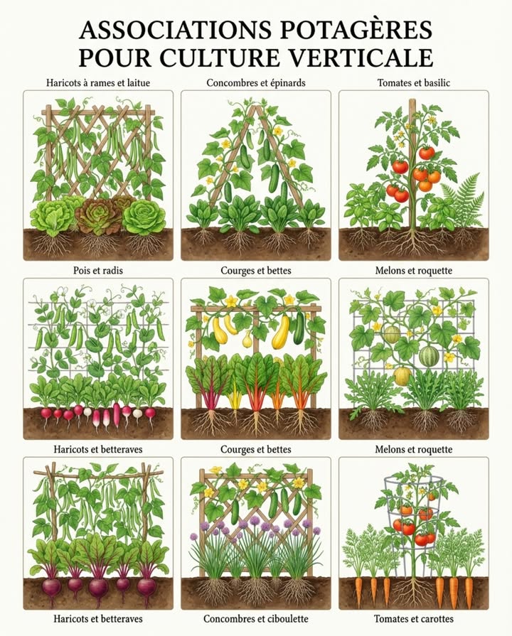 Associations potagères pour culture verticale

Les structures verticales permettent de cultiver en hauteur et dutiliser lespace au sol pour des plantes qui apprécient lombre légère.

Associations efficaces :

Haricots à rames et laitue  les haricots grimpent pendant que la laitue profite de lombre fraîche en dessous

Concombres et épinards  les concombres montent vers le soleil, les épinards bénéficient de la lumière filtrée au sol

Tomates et basilic  les tomates tuteurées créent une ombre tachetée idéale pour le basilic touffu en dessous

Pois et radis  les pois grimpent rapidement tandis que les radis mûrissent vite dans le sol humide de la base

Courges et bettes  les courges verticales libèrent lespace au sol pour les bettes colorées

Melons et roquette  les melons palissés laissent de la place pour la roquette poivrée dans leur ombre

Haricots et betteraves  les tours de haricots fixent lazote que les racines de betterave puisent dans le sol environnant

Concombres et ciboulette  le treillis de concombre ombrage la ciboulette qui repousse les pucerons

Tomates et carottes  les cages hautes de tomates laissent lespace souterrain pour les racines profondes des carottes

La culture verticale transforme lespace sous les tuteurs en un second jardin.