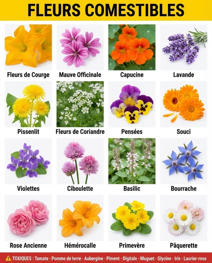 Fleurs comestibles : cesser arracher ces trésors potager. Chaque saison, centaines fleurs parfaitement comestibles arrachées comme adventices quand souvent ont plus saveur et propriétés que feuilles. Pas toutes fleurs comestibles  certaines toxiques. Cette liste inclut uniquement fleurs communes potager français sécuritaires délicieuses 

Fleurs courge/courgette : plus utilisées cuisine française beignets, farcies. Récolter fleurs mâles tige fine longue, laisser fleurs femelles petit fruit base pour production. Riches vitamines A et C. Saveur douce légèrement sucrée.

Capucines Tropaeolum majus : saveur piquante type cresson moutarde. Toute plante comestible feuilles, fleurs, graines immatures câpres. Orange, jaune ou rouge. Utiliser fraîches salades ou garniture. Contiennent vitamine C, propriétés antibactériennes.

Pissenlit fleurs Taraxacum officinale : considérées adventices, mais fleurs jaunes comestibles. Paner frire beignets ou utiliser vin/gelée maison. Saveur légèrement amère. Riches fer calcium. Récolter boutons fermés moins amers.

Coriandre montée fleurs : quand coriandre fleurit monte graines, fleurs blanches petites comestibles saveur plus douce que feuilles. Utiliser garniture ou mélanger graines vertes fraîches coriandre salades.

Pensées Viola  wittrockiana : fleurs ornementales communes jardins français. Complètement comestibles. Saveur très douce neutre. Utiliser congelées glaçons ou fraîches salades/décoration gâteaux.

Souci/Calendula Calendula officinalis : pétales oranges comestibles saveur légèrement poivrée amère. Traditionnel infusions médicinales. Propriétés anti-inflammatoires cicatrisantes documentées. Surnommé “safran pauvre” colore riz/plats jaune-orangé.

Violettes Viola odorata : fleurs petites violettes ou blanches. Saveur douce délicate parfumée. Utiliser cristallisées sucre décorer pâtisseries ou fraîches salades. Sirop violettes traditionnel français.

Ciboulette fleurs Allium schoenoprasum : sphères roses-mauves saveur oignon doux. Défaire pétales individuels salades. Toute plante feuilles  fleurs comestible. Floraison mai-juin.

Basilic monté fleurs : quand basilic fleurit, épis blancs ou roses comestibles saveur concentrée basilic. Utiliser pesto, huile aromatisée, vinaigre infusé.

Bourrache Borago officinalis : fleurs étoilées bleues 5 pétales comestibles saveur concombre iodée. Traditionnelles décoration Pimms/cocktails. Riches acides gras oméga-6. Congeler glaçons effet spectaculaire.

Mauve officinale Malva sylvestris : fleurs roses-mauves veinées pourpre comestibles. Saveur douce neutre. Utilisées infusions adoucissantes gorge mucilages. Jeunes feuilles aussi comestibles salades cuites.

Rose ancienne Rosa gallica, Rosa damascena : pétales roses parfumés comestibles éviter roses modernes traitées. Saveur florale douce. Confiture pétales roses, eau rose, pétales cristallisés. Récoltér matin après rosée.

Hémérocalle Hemerocallis : “lis dun jour”, fleurs éphémères comestibles. Boutons floraux sautés style haricots verts Asie. Fleurs ouvertes farcies ou tempura. Saveur douce légèrement sucrée. Attention feuillages légèrement laxatifs grosses quantités.

Lavande Lavandula angustifolia : fleurs violettes comestibles saveur intense parfumée. Utiliser parcimonie goût puissant. Biscuits, glaces, miel lavande. Propriétés calmantes. Récolter début floraison maximum arôme.

Primevères Primula vulgaris : fleurs jaunes printanières comestibles saveur douce. Traditionnelles salades anglaises. Jeunes feuilles aussi comestibles. Cristalliser sucre décoration.

Pâquerettes Bellis perennis : petites fleurs blanches-roses communes pelouses. Comestibles saveur légèrement amère. Boutons floraux vinaigre comme câpres. Jeunes feuilles salades.

Règle sécurité ABSOLUE : JAMAIS manger fleur sauf si 100% certain identité. Fleurs tomate, pomme de terre, aubergine, piment = TOXIQUES solanacées. Fleurs digitale, muguet, glycine, iris, renoncules, anémones, laurier-rose = TOXIQUES DANGEREUSES. Fleurs ornementales traitées pesticides pas sécuritaires même si espèce comestible  cultiver spécifiquement consommation sans traitement.

Récolte : cueillir matin après rosée évaporée avant chaleur jour. Laver délicatement eau froide. Retirer pistils/étamines amers si nécessaire pensées, violettes. Consommer jour récolte fleurs fanent vite ou conserver 2-3 jours papier humide réfrigérateur.

Utilisation fleurs comestibles France tradition ancienne violettes cristallisées, eau rose, confiture pétales redécouverte cuisine moderne. Réduire gaspillage, ajouter couleur/saveur plats, connecter savoir ancestral.

#FleursComestibles #PotagerGourmand #CuisineFleurs #ZéroDéchet