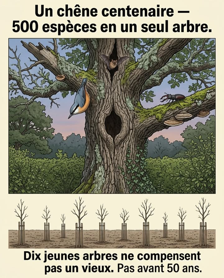 Un chêne centenaire héberge plus de cinq cents espèces animales et végétales  champignons, lichens, insectes, oiseaux, chauves-souris. Abattre un vieil arbre et en planter dix jeunes divise la biodiversité par cinquante pendant trente ans.

Le vieil arbre nest pas un arbre  cest une ville verticale. Chaque étage abrite une communauté différente.

La canopée : les mésanges, les fauvettes et les pouillots nichent dans les branches hautes. Les branches mortes accueillent les pics qui creusent les cavités réutilisées ensuite par la chouette chevêche, la huppe fasciée et les pipistrelles.

Le tronc : les crevasses décorce abritent les chrysopes en hibernation, les coccinelles en grappe et les araignées. Les champignons lignivores polypores, amadouvier décomposent le cœur du bois et créent des cavités internes  habitats pour les larves de lucane cerf-volant pendant trois à cinq ans.

La base : les racines surélevées forment des abris pour le hérisson. Les feuilles mortes accumulées nourrissent un réseau de champignons mycorhiziens qui connecte le vieil arbre aux arbres voisins  le réseau de communication souterrain de la forêt.

Un vieux fruitier qui  ne produit plus assez  est le plus précieux des arbres du jardin  ses cavités, son bois mort et ses lichens centenaires sont irremplaçables. Taillez-le pour le sécuriser, mais ne labattez pas. Plantez les jeunes fruitiers à côté, pas à sa place.

#vieilArbre #arbreCentenaire #patrimoinePaysager #préservation