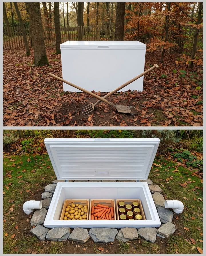 Un congélateur cassé nest pas un déchet  cest une cave racine prête à être enterrée. 凌

La logique est simple : le congélateur coffre est déjà une boîte étanche et isolée. Enterré à 60-80 cm, il bénéficie de la masse thermique constante du sol français  entre 10 et 13C toute lannée selon la région. Résultat : pommes de terre, carottes et bocaux se conservent plusieurs mois sans le moindre watt délectricité.

Le seul point technique qui change tout : la ventilation. Les légumes en conservation dégagent de lhumidité et du CO2  un espace hermétiquement clos provoque la moisissure en quelques semaines. La solution est visible sur la photo : deux tuyaux PVC, lun en bas entrée dair frais, lautre en haut sortie des gaz stagnants. Les coudes à 90 empêchent la pluie dentrer.

Deux détails qui font la différence sur la durée : poser le couvercle légèrement au-dessus du niveau du sol pour écouler leau de ruissellement, et utiliser des caisses en bois à lintérieur plutôt que du plastique  lair circule autour des légumes et lhumidité séquilibre naturellement.

Le résultat imite les conditions dune cave de ferme ancienne, sans construction ni maçonnerie. 直

#caveracine #conservationlégumes #jardinagezérodéchet #autonomiealimentaire