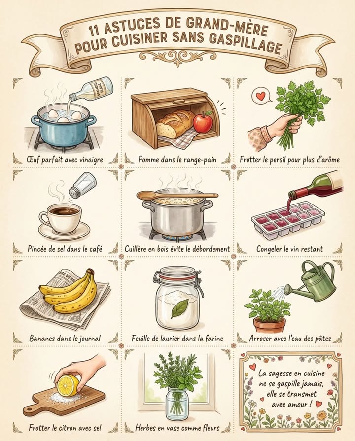 11 ASTUCES DE GRAND-MÈRE POUR CUISINER SANS GASPILLAGE

Œuf parfait avec vinaigre
Ajoutez une cuillère à café de vinaigre à leau de cuisson des œufs pour éviter que la coquille se fissure.

Pomme dans le range-pain
Conservez le pain avec une pomme pour le garder moelleux plus longtemps.

Frotter le persil pour plus darôme
Frottez vos mains avec du persil frais pour éliminer lodeur dail et doignon.

Pincée de sel dans le café
Ajoutez une pincée de sel au café pour adoucir lamertume.

Cuillère en bois évite le débordement
Posez une cuillère en bois sur la casserole en ébullition pour éviter les débordements.

Congeler le vin restant
Congelez les restes de vin dans un bac à glaçons pour vos sauces et plats mijotés.

Bananes dans le journal
Enveloppez les bananes mûres dans du papier journal pour ralentir leur maturation.

Feuille de laurier dans la farine
Placez une feuille de laurier dans le pot de farine pour éloigner les insectes.

Arroser avec leau des pâtes
Réutilisez leau de cuisson des pâtes refroidie pour arroser les plantes.

Frotter le citron avec sel
Frottez un demi-citron avec du gros sel sur les planches à découper en bois pour les assainir naturellement.

Herbes en vase comme fleurs
Conservez les herbes fraîches dans des verres deau comme des fleurs pour les garder fraîches.

La sagesse en cuisine ne se gaspille jamais, elle se transmet avec amour.