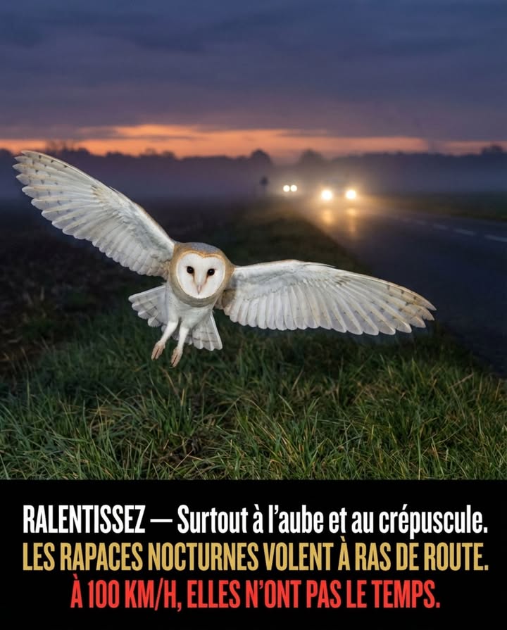 La chouette effraie vole à 10-50 km/h, à hauteur de capot, les yeux adaptés à lobscurité mais pas aux phares. Elle ne perçoit pas un véhicule à 100 km/h comme une menace  elle le voit trop tard pour réagir. 黎

CHOUETTE EFFRAIE Tyto alba ET ROUTES

Les collisions routières sont la première cause documentée de mortalité de la chouette effraie en France. La route attire : les accotements concentrent les graminées hautes qui abritent campagnols et mulots  exactement les proies quelle chasse. Elle longe les routes rurales la nuit, à ras du sol.

Elle vole en silence. Son vol ne produit pratiquement aucun son. Elle nentend pas le moteur  ou trop tard.

LA DIFFÉRENCE DE VITESSE

À 60 km/h : le temps de réaction laisse une chance dévitement.
À 100 km/h : la distance de réaction est doublée, le temps disponible réduit de moitié. La chouette na pas le temps de modifier sa trajectoire.

Les créneaux les plus critiques : lheure précédant le lever du soleil et lheure suivant le coucher du soleil  les pics dactivité de chasse sur les routes rurales.

CE QUUNE CHOUETTE EFFRAIE REPRÉSENTE

Un couple avec sa nichée consomme entre 1 000 et 3 000 rongeurs par an  campagnols des champs, mulots sylvestres, rats. Elle régule les populations de rongeurs dans les zones agricoles sans intervention chimique.

Sur les routes départementales rurales, ralentir à laube et au crépuscule est le geste le plus direct pour réduire cette mortalité. 

#ChouetteEffraie #FauneSurLesRoutes #RaptorsNocturnes #BiodiversitéFrance