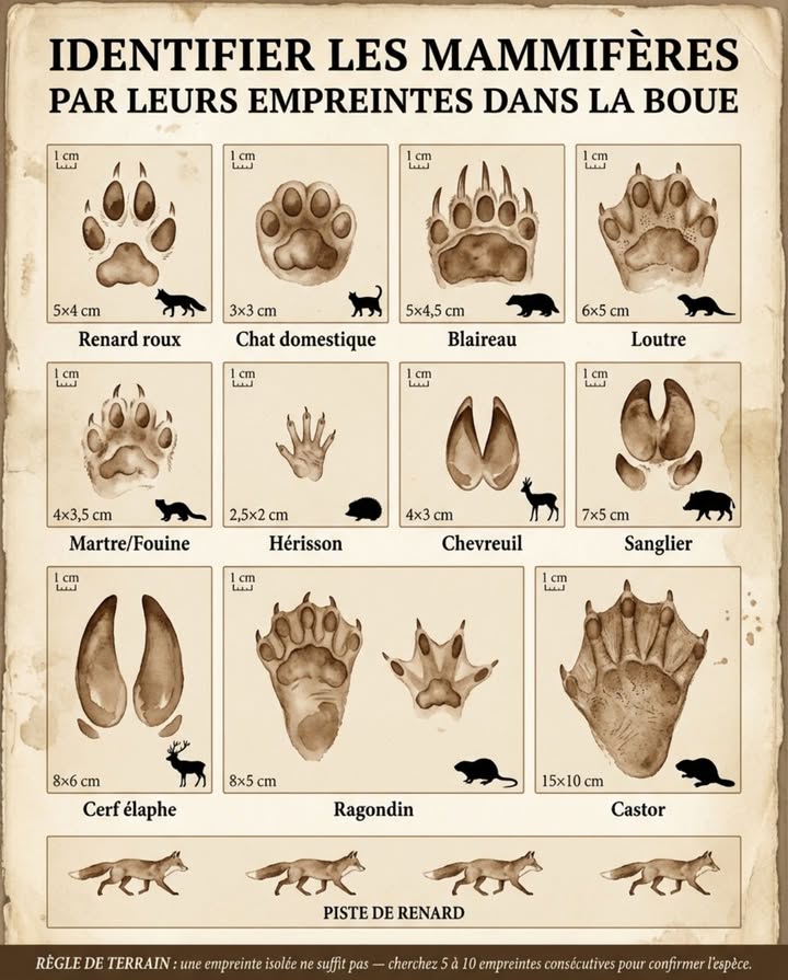 En hiver, les animaux sont invisibles. Le sol, lui, parle. 

Une empreinte dans la boue, la neige ou la berge humide suffit à révéler le visiteur nocturne  sans jamais le voir. Taille, forme, nombre de doigts, présence de griffes : chaque espèce signe différemment.

IDENTIFIER LES MAMMIFÈRES PAR LEURS EMPREINTES

4 doigts avec griffes  canidés et félidés

Renard roux  54 cm
Griffes fines toujours visibles. Doigts centraux décalés vers lavant. Démarche en ligne presque droite : la patte arrière se pose exactement dans lempreinte avant. La piste rectiligne est la signature du renard.

Chat domestique / chat forestier  33 cm
Empreinte ronde et compacte, SANS griffes. Les griffes rétractiles ne marquent jamais. Impossible de distinguer chat domestique de chat sauvage par lempreinte seule  le contexte géographique oriente.

5 doigts  mustélidés

Blaireau européen  54,5 cm
Longues griffes droites et puissantes, paume large et carrée. Lempreinte avant est nettement plus grande que larrière. Les sentiers de blaireau susent jusquà la terre nue.

Loutre dEurope  65 cm
5 doigts parfois palmés dans la boue fine. Toujours en bordure de cours deau. Ses épreintes crottes sur les pierres  odeur de poisson  signalent sa présence mieux que les empreintes elles-mêmes.

Martre / Fouine  43,5 cm
5 doigts en arc, griffes fines. Semelle velue = empreinte floue aux contours imprécis. La martre en forêt, la fouine près des habitations  lempreinte seule ne les distingue pas.

Hérisson dEurope  2,52 cm
5 doigts fins et longs, ressemble à une main humaine miniature. Visible dans la boue des jardins de mars à octobre.

Sabots  ongulés

Chevreuil  43 cm
Deux sabots pointus en cœur. Empreinte la plus fréquente en forêt française. Les pinces sécartent en terrain mou.

Sanglier  75 cm
Deux sabots arrondis  deux ergots gardes visibles derrière. Les gardes du sanglier touchent le sol  celles du chevreuil presque jamais. Critère de distinction fiable.

Cerf élaphe  86 cm
Sabots allongés, empreinte massive. Seul ongulé sauvage dont lempreinte dépasse 7 cm en France.

Palmées  zones humides

Ragondin  postérieure 85 cm
4 doigts palmés sur 5, empreinte en étoile à lavant. Traînée de queue entre les empreintes. Présent sur la quasi-totalité des cours deau français espèce introduite.

Castor dEurope  postérieure 1510 cm
La plus grande empreinte de mammifère en zones humides françaises. Entièrement palmée. Copeaux frais et arbres rongés en pointe de crayon à proximité confirment lidentification.

RÈGLE DE TERRAIN
Une empreinte isolée ne suffit pas. Cherchez une piste de 5 à 10 empreintes consécutives pour mesurer lallure, lécartement et confirmer lespèce. 

#EmpreintesMammifères #PistageNature #FauneNocturne #NatureObservation