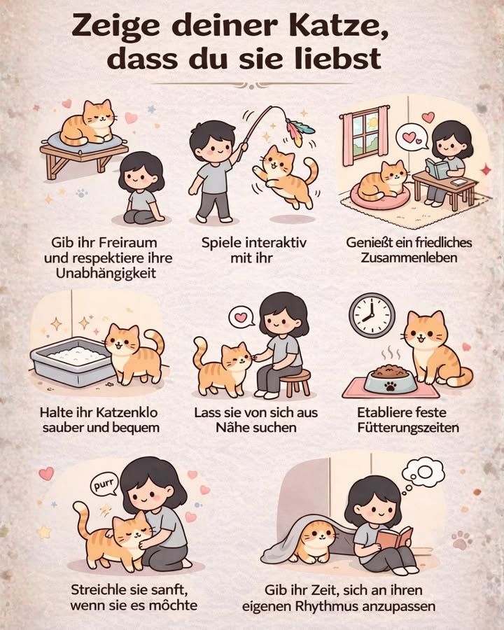 Zeige deiner Katze, dass du sie liebst  jeden Tag 李
Katzen zeigen ihre Zuneigung oft ganz subtil.
Mit kleinen Gesten kannst du ihr zeigen, dass sie sich bei dir sicher, respektiert und geliebt fühlt 

 Gib ihr Freiraum und respektiere ihre Unabhängigkeit
Katzen brauchen Rückzugsorte. Respektiere ihre Ruhe  Vertrauen wächst von selbst.

 Spiele interaktiv mit ihr
Kurze, aktive Spielzeiten stärken eure Bindung und halten deine Katze geistig fit.

 Genießt ein friedliches Zusammenleben
Eine ruhige Umgebung ohne Stress ist für Katzen besonders wichtig.

 Halte ihr Katzenklo sauber und bequem
Sauberkeit = Wohlbefinden. Ein gepflegtes Katzenklo ist ein Zeichen von Fürsorge.

懶 Lass sie von sich aus Nähe suchen
Zuneigung wirkt am stärksten, wenn sie freiwillig kommt.

 Etabliere feste Fütterungszeiten
Routinen geben Sicherheit und reduzieren Stress.

 Streichle sie sanft, wenn sie es möchte
Achte auf ihre Körpersprache  Schnurren ist das schönste Dankeschön.

 Gib ihr Zeit, sich an ihren eigenen Rhythmus anzupassen
Jede Katze hat ihr Tempo. Geduld zahlt sich aus.

 Merke dir:
Liebe bedeutet bei Katzen vor allem Respekt, Geduld und Aufmerksamkeit