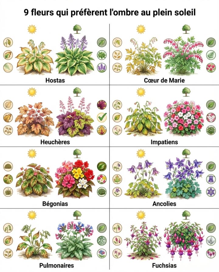 9 fleurs qui préfèrent lombre au plein soleil

Le plein soleil attire beaucoup dattention, mais de nombreuses plantes à fleurs classiques donnent en réalité de meilleurs résultats avec une protection contre la lumière intense de laprès-midi. Les plantes dombre conservent des couleurs plus riches, fleurissent plus longtemps et évitent le stress quapporte un soleil intense.

Fleurs qui préfèrent lombre au plein soleil :

Hostas – Prospèrent à lombre avec une couleur et une texture de feuillage marquées ; le soleil direct provoque des brûlures et une décoloration des panachures

Cœur de Marie Dicentra spectabilis – Produit des fleurs en forme de cœur qui durent plus longtemps à lombre fraîche ; le soleil déclenche une dormance précoce

Astilbes – Les plumeaux restent éclatants à lombre ; le soleil décolore les fleurs et brûle le feuillage

Heuchères Désespoir du peintre – Les couleurs de feuillage restent profondes et vives à lombre ; le soleil provoque une décoloration et un stress thermique

Autres plantes à fleurs qui apprécient une lumière modérée :

Impatiens – Floraison continue à lombre ; le plein soleil entraîne le flétrissement et une floraison clairsemée. Cultivés comme annuelles en France.

Bégonias – Le feuillage brillant et la floraison abondante se maintiennent mieux à lombre ; le soleil provoque des brûlures

Ancolies – Fleurissent plus longtemps à lombre tachetée ; la chaleur raccourcit la floraison

Pulmonaires – Les feuilles tachetées et la floraison précoce prospèrent à lombre ; le soleil endommage le feuillage

Fuchsias – Les fleurs retombantes restent luxuriantes à lombre ; le soleil provoque la chute des boutons et le stress. Cultivés en pots ou en pleine terre dans les régions douces.

Lombre nest pas une limitation, cest un environnement de culture différent où les bonnes plantes sépanouissent vraiment.