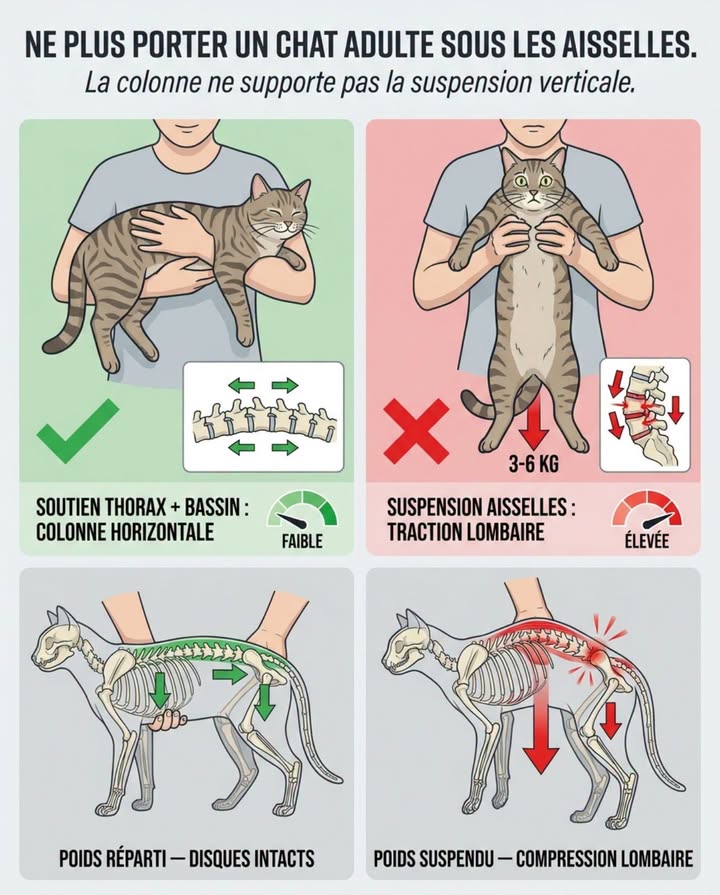 Porter un chat adulte sous les aisselles, cest ce que font la plupart des propriétaires  une main de chaque côté, le chat suspendu face à soi comme un enfant. Le geste paraît naturel. Il ne lest pas.
Un chat adulte pèse entre 3 et 6 kg. Suspendu par le thorax sans soutien arrière, lintégralité de ce poids tire sur la colonne vertébrale lombaire. Les pattes arrière pendent dans le vide. Le bassin exerce une traction vers le bas que la seule prise thoracique ne compense pas. La colonne vertébrale du chat est conçue pour la flexion horizontale  pas pour la suspension verticale avec un poids mort accroché au bassin.
Le chat ne crie pas. Il se raidit, écarte les pattes et cherche un appui  ce que la plupart des propriétaires interprètent comme de lagitation ou de linconfort passager. En réalité, les muscles paravertébraux se contractent en urgence pour protéger les disques intervertébraux de lécrasement. Répété chaque jour, le geste fatigue les muscles profonds du dos et peut provoquer des douleurs chroniques quun chat exprime par un seul signe : il cesse de sauter.
La bonne façon, simple :
Une main sous le thorax, juste derrière les pattes avant  elle porte 40 % du poids.
Lautre main sous les pattes arrière et le bassin  elle porte 60 % du poids.
Le chat est ramené contre le torse, dos contre la poitrine ou flanc contre le bras.
La colonne reste horizontale ou légèrement inclinée  jamais verticale.
Si un chat adulte évite dêtre soulevé, se raidit systématiquement ou a cessé de sauter sur le canapé  la douleur dorsale est la première hypothèse à vérifier chez le vétérinaire avant le comportement.
Ce qui semble confortable pour les mains ne lest pas pour le dos du chat.
#PorterSonChat #BienÊtreAnimal #ChatDomestique #GestesAnimaux