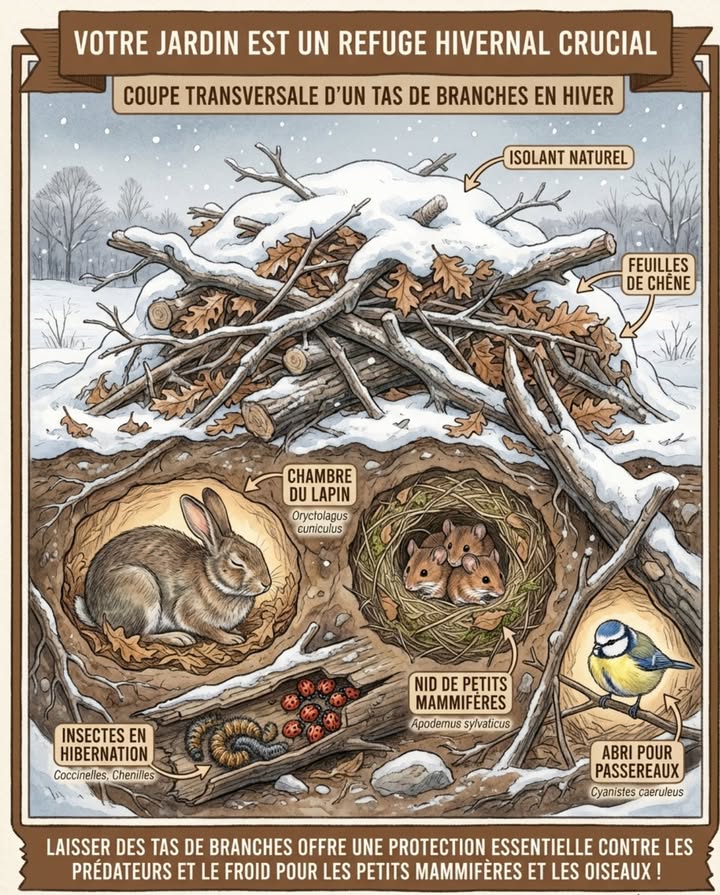 Les tas de branches ne sont pas du désordre  ce sont des abris hivernaux vitaux qui sauvent des vies !

Laisser des tas de branches offre une protection essentielle contre les prédateurs et le froid pour les petits mammifères et les oiseaux !

Un simple tas de branches dans un coin de votre jardin peut abriter :
– Des lapins de garenne cherchant refuge contre le gel
– Des mulots et campagnols dans leurs nids douillets
– Des insectes en hibernation coccinelles, chrysopes, papillons
– Des passereaux comme les mésanges et les troglodytes

Votre jardin est un refuge hivernal crucial.