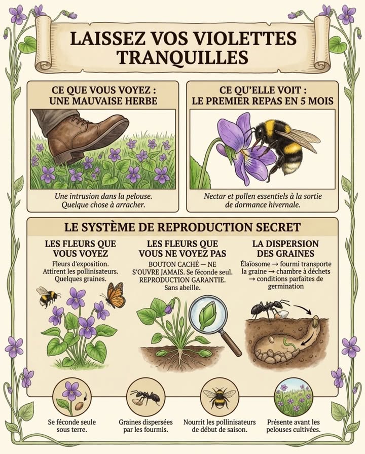 Les petites fleurs violettes qui apparaissent dans les pelouses en février-mars sont des violettes odorantes Viola odorata  plantes indigènes présentes dans les prairies et lisières françaises depuis des millénaires. Elles fleurissent quand presque rien dautre nest ouvert. Pour une reine de bourdon terrestre Bombus terrestris qui sort de dormance, la violette peut être lune des seules sources de nectar disponibles dans les premières semaines du printemps. 

Ce que limage montre mais ne dit pas en détail : la violette produit deux types de fleurs. Les fleurs violettes visibles attirent les pollinisateurs et produisent des graines. Mais les fleurs cléistogames  boutons scellés au pied de la plante, invisibles  se fécondent seules sans aucun insecte, quelle que soit la météo.

Chaque graine porte un élaïosome, appendice gras que les fourmis transportent dans leur colonie. Elles mangent lappendice et déposent la graine dans leur chambre à déchets  sol riche, enterré, protégé. Cest la myrmécochorie. Cest pour cette raison que les violettes réapparaissent là où les fourmis ont été actives. 

Une pelouse avec des violettes en mars soutient les reines de bourdons qui construiront les colonies qui polliniseront le potager en juillet.

#violetteOdorante #jardinNaturel #pollinisateurs #biodiversitéJardin