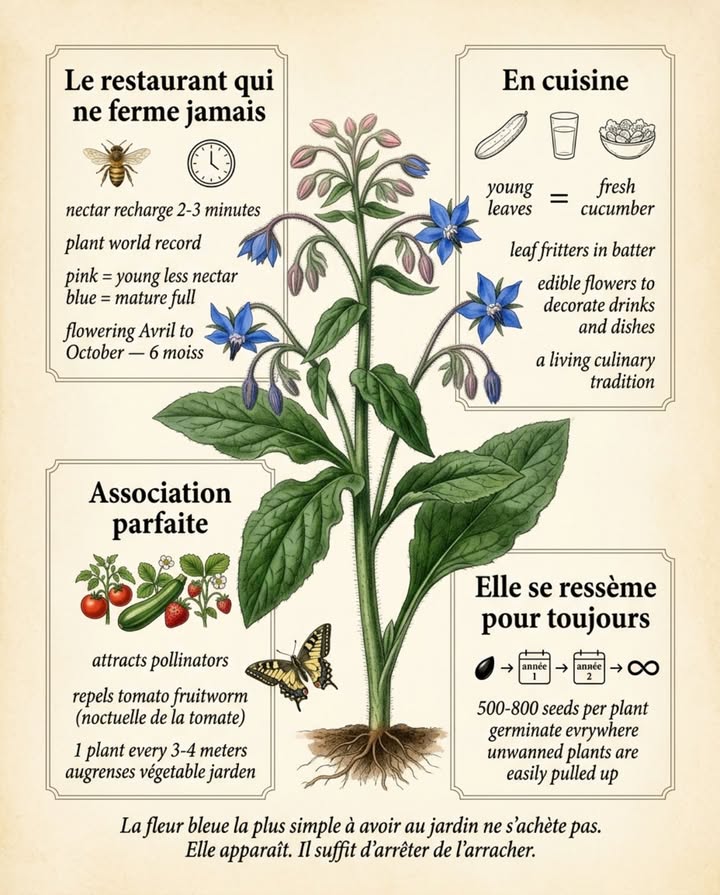 La bourrache ne sachète pas  elle sinstalle. Un seul semis et elle revient chaque année, germant dans les sols remués, les bordures de compost, entre les dalles. 500 à 800 graines par pied, racines superficielles, semis indésirables arrachés dun geste.

 Ses fleurs rechargent leur nectar toutes les 2-3 minutes  record végétal. Elles passent du rose jeune, peu de nectar au bleu plein, choisi par les abeilles. Davril à octobre, six mois continus de butinage, même en canicule.

 Au potager : 1 pied tous les 3-4 mètres entre tomates, courgettes et fraisiers améliore la pollinisation de toute la parcelle. Les composés volatils repoussent la noctuelle de la tomate  association paysanne documentée.

 En cuisine : jeunes feuilles crues au goût de concombre, cuites comme des épinards, fleurs en salade ou figées dans des glaçons. Beignets de feuilles en pâte à frire  tradition culinaire vivante.

La plante la plus rentable du potager ne coûte rien et ne demande rien.

#bourrache #potagermellifère #plantescompagnes #jardinNaturel