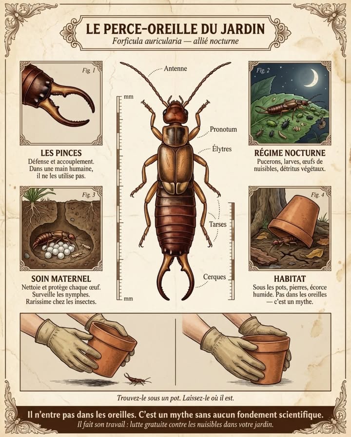 Le perce-oreille nentre pas dans les oreilles humaines. Ce mythe est vieux de plusieurs siècles  il a même façonné son nom dans presque toutes les langues européennes. Il est totalement sans fondement.

 Les pinces impressionnent mais sont inoffensives : elles servent à la défense et à laccouplement. Dans une main humaine, il ne les utilise pas  aucune raison de le faire.

 Prédateur nocturne utile : la nuit, il consomme pucerons, larves, œufs dinsectes nuisibles et matière organique en décomposition. Un des auxiliaires les plus efficaces du jardin, sans aucune intervention de votre part.

 Soin maternel exceptionnel chez les insectes : la femelle nettoie chaque œuf à la bouche pour prévenir les champignons, les couve pendant plusieurs semaines et surveille les nymphes jusquà leur autonomie. Si le nid est menacé, elle défend  elle ne fuit pas.

 Habitat : sous les pots, pierres plates, écorce humide, entre le paillis. Actif la nuit, caché le jour.

La prochaine fois que vous trouvez un perce-oreille sous un pot, remettez le pot en place. Il fait son travail.

#PerceOreille #AuxiliairesDuJardin #FauneJardin #EntomologieFrance