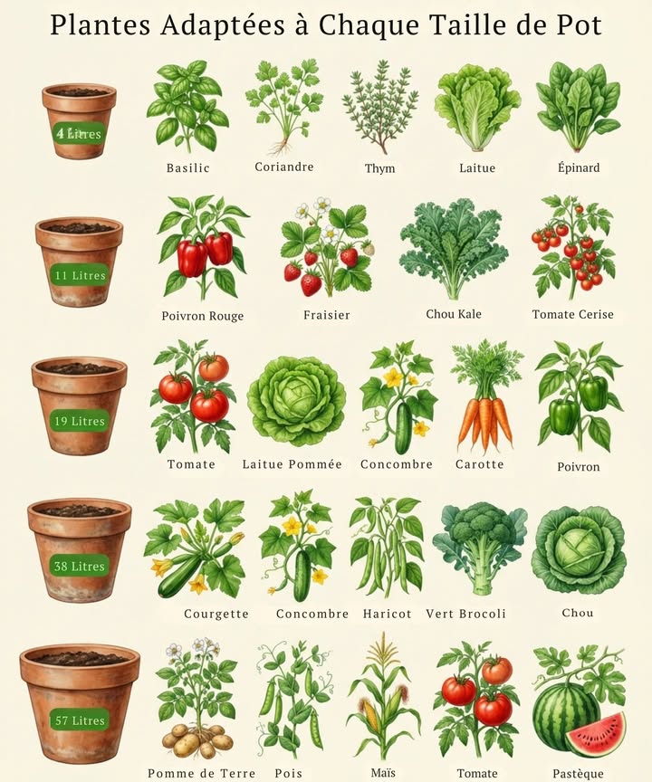 Le choix de la taille du pot permet aux racines de se développer correctement et évite le stress hydrique. Adapter les plantes au volume du contenant facilite larrosage et la fertilisation.

4 litres
Basilic, coriandre, thym, laitue, épinard

11 litres
Poivron rouge, fraisier, chou kale, tomate cerise

19 litres
Tomate, laitue pommée, concombre, carotte, poivron

38 litres
Courgette, concombre, haricot vert, brocoli, chou

57 litres
Pomme de terre, pois, maïs, tomate, pastèque