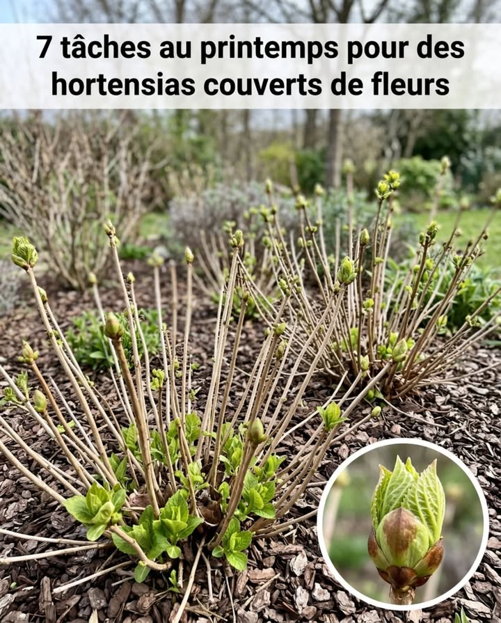Le bon moment pour intervenir : dès lapparition des premiers bourgeons verts, comme sur cette photo. Pas avant  pas après. 

7 tâches de printemps pour des hortensias couverts de fleurs :

1. Identifier lespèce avant de tailler  hortensia macrophylla : raccourcir légèrement les tiges florales de lan dernier juste au-dessus dun bourgeon. Paniculata et arborescens : taille sévère à 2-3 bourgeons de la base.

2. Retirer les vieilles têtes florales séchées conservées pour lhiver  couper juste au-dessus du premier bourgeon sain visible.

3. Éliminer les tiges mortes ou grêles à la base  elles drainent lénergie sans produire de fleurs.

4. Apporter un engrais spécial plantes fleuries riche en phosphore et potassium, ou un engrais acidophile pour maintenir la couleur bleue des macrophylla. 

5. Pailler 5 à 8 cm autour du pied écorces de pin, feuilles broyées  les hortensias ont des racines superficielles qui souffrent de la chaleur estivale.

6. Premier arrosage copieux pour relancer la croissance  à maintenir régulier jusquà létablissement des nouvelles pousses.

7. Vérifier les jeunes pousses contre les pucerons  attaque fréquente au débourrement, traiter tôt si historique dinfestation.

#HortensiasPrintemps #TailleHortensias #JardinPrintemps #ArbustesFleuris