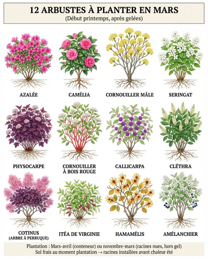 Planter arbustes mars-avril conteneur ou novembre-mars racines nues, hors gel donne avance avant chaleur estivale. Racines sinstallent pendant sol frais, plante robuste dès été 

Floraison printanière :

Azalée : après dernières gelées, sol acide riche. Racines superficielles, pailler sans biner.
Camélia : mi-ombre, soleil matin. Protéger soleil après-midi zones chaudes. Sol acide.
Cornouiller mâle : floraison jaune février-mars avant feuilles, baies rouges comestibles août.
Seringat : vigoureux enraciné, fleurs blanches parfumées début été.

Feuillage et structure :

Physocarpe : adaptable, enracine vite. Variétés pourpre foncé intérêt 4 saisons.
Cotinus arbre à perruque : feuillage pourpre ou chartreuse spectaculaire, senracine vite sol réchauffé.
Cornouiller à bois rouge : sol frais. Tiges rouge vif hiver, un des rares arbustes plus beaux sans feuilles.

Valeur faune :

Amélanchier : baies comestibles juin nourrissent oiseaux et humains.
Callicarpa : baies violettes automne prisées oiseaux chanteurs.
Cléthra : tolère sol humide. Fleurs parfumées été attirent pollinisateurs.
Itéa : couleur automnale rouge-pourpre, épis blancs pour pollinisateurs.
Hamamélis : mi-ombre, floraison jaune/orange janvier-mars avant neige fondue.

Sol frais, racines installées avant stress été = arbustes aspect mature dès automne.

#PlantationPrintemps #ArbustesJardin #JardinNaturel