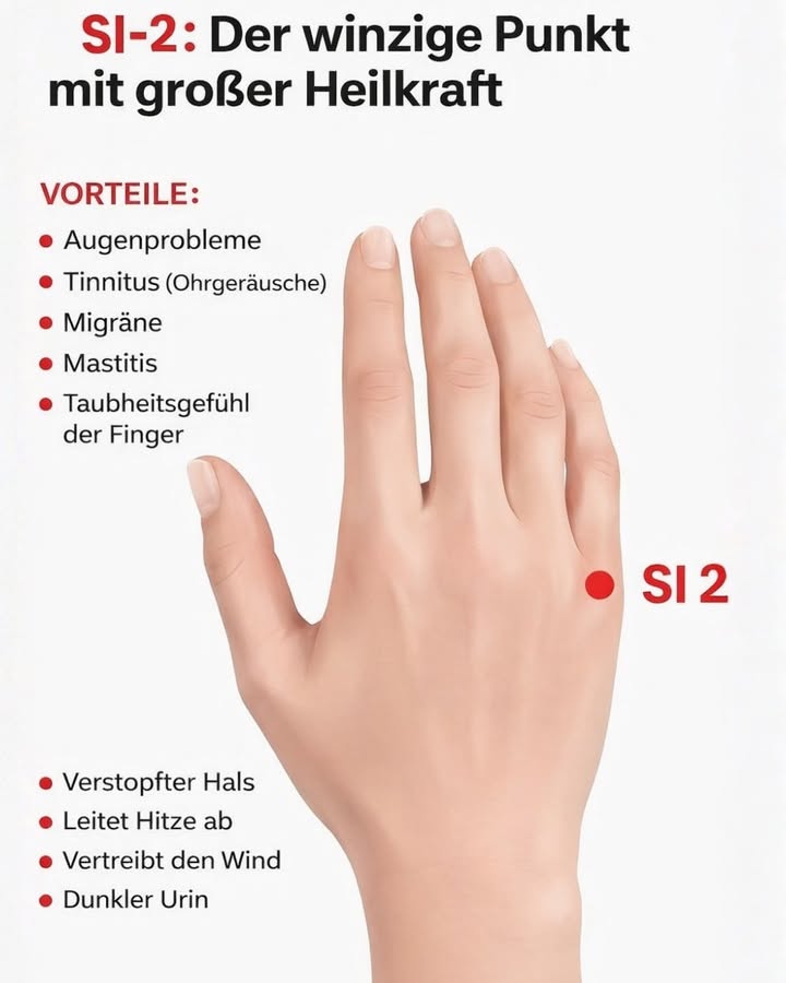SI-2 Shaoze  Der winzige Punkt mit großer Heilkraft 

Wusstest du, dass ein sehr kleiner Punkt an deiner Hand eine große Wirkung haben kann?
Der Akupressur-Punkt SI-2, gelegen an der Außenseite des kleinen Fingers, wird in der Traditionellen Chinesischen Medizin TCM seit Jahrhunderten genutzt.

 Mögliche Vorteile von SI-2:
 Augenprobleme
 Tinnitus Ohrgeräusche
 Migräne & Kopfschmerzen
 Mastitis
 Taubheitsgefühl in den Fingern
 Verstopfter oder gereizter Hals
 Leitet überschüssige Hitze aus dem Körper ab
 Vertreibt Wind TCM-Begriff
 Unterstützt bei dunklem Urin

 Anwendung:
Den Punkt SI-2 mit dem Daumen 12 Minuten sanft massieren, auf beiden Händen, 12-mal täglich.
Atme dabei ruhig und tief ein und aus 律