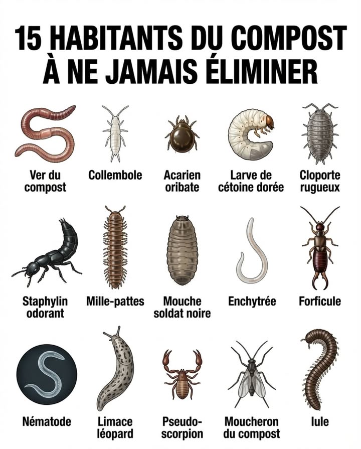 Ils grouillent sous le couvercle, sagglutinent dans les couches humides et déclenchent un mouvement de recul à chaque brassage. La plupart des jardiniers versent de leau bouillante, ajoutent de la chaux ou abandonnent le composteur dégoûtés. Chacun de ces 15 organismes transforme les déchets en terre fertile  les éliminer revient à éteindre le moteur de la décomposition.

Ver du compost Eisenia fetida, rouge tigré, digère chaque jour la moitié de son propre poids en matière organique, ses déjections sont cinq fois plus riches en azote que le sol environnant  Collembole minuscule arthropode blanc sauteur de 1-2 mm, décompose les moisissures et les fragments végétaux les plus fins, premier maillon de la chaîne  Acarien oribate rond, brun, lent, à peine visible à lœil nu, broute les champignons microscopiques et fragmente les fibres végétales dures  Larve de cétoine dorée grosse larve blanche recourbée, souvent confondue avec le ver blanc de hanneton  différence : la cétoine a de petites pattes et se déplace sur le dos, elle ne touche pas aux racines  Cloporte rugueux Porcellio scaber, crustacé terrestre, seul animal capable de digérer la cellulose pure et de fragmenter le carton dans le compost  Staphylin odorant Ocypus olens, grand coléoptère noir qui relève labdomen comme un scorpion, prédateur des limaces et mouches du compost  Mille-pattes Polydesmus angustus, diplopode aplati, broute les fragments en décomposition et les champignons, ne mord jamais  Mouche soldat noire Hermetia illucens, larve grise charnue, dévore les déchets de cuisine deux fois plus vite que les vers, son absence de pièces buccales adultes signifie quelle ne se pose jamais sur la nourriture  Enchytrée petit ver blanc translucide de 1-2 cm, indicateur dun compost acide et humide, décompose les matières très tendres  Forficule Forficula auricularia, le perce-oreille, nocturne, nettoie les résidus végétaux et régule les pucerons qui migrent depuis le jardin vers le bac  Nématode bactérivore microscopique, régule les populations bactériennes pour maintenir léquilibre microbiologique du tas  Limace léopard Limax maximus, grande limace grise tachetée, la seule limace du jardin qui préfère les matières en décomposition aux plantes vivantes  elle accélère le compost sans toucher au potager  Pseudo-scorpion minuscule arachnide de 3 mm avec de fines pinces, prédateur des collemboles excédentaires et des acariens parasites  Moucheron du compost Bradysia sp., ses larves translucides fragmentent les matières molles dans les couches superficielles, population régulée naturellement par les staphylins  Iule Julus scandinavius, long mille-pattes cylindrique brun rayé, broute les matières ligneuses dures, ses déjections enrichissent le compost en minéraux

Un compost qui grouille nest pas un compost qui a un problème. Cest un compost qui fonctionne.

#CompostVivant #JardinNaturel #BiodiversitéDuSol #Lombricompost