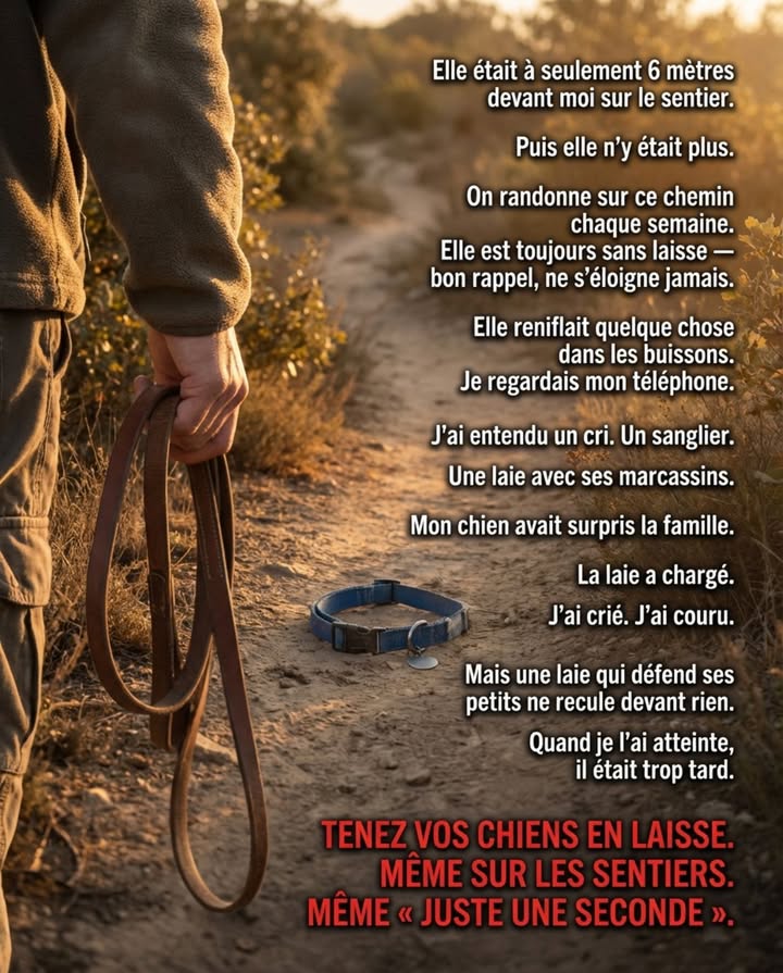 Elle était à seulement 6 mètres devant moi sur le sentier. Puis elle ny était plus.

On randonne sur ce chemin chaque semaine. Elle est toujours sans laisse  bon rappel, ne séloigne jamais. Elle reniflait quelque chose dans les buissons. Je regardais mon téléphone.

Jai entendu un cri et levé les yeux. Un sanglier. Une laie avec ses marcassins. Mon chien avait surpris la famille. La laie a chargé pour protéger ses petits.

Jai crié. Jai couru vers eux. Mais une laie de 80 kg qui défend ses petits ne recule devant rien.

Quand je lai atteinte, il était trop tard.

Les chiens en liberté sur les sentiers de randonnée sont exposés à de nombreux dangers :

 Sangliers  Une laie avec marcassins peut être mortelle
 Patous  Les chiens de protection de troupeaux défendent leurs brebis
 Saison de chasse  Votre chien peut être confondu avec du gibier
 Troupeaux  Votre chien peut paniquer ou blesser le bétail
 Faune sauvage  Perturbation des espèces protégées et de leurs petits

“Elle a un bon rappel” ne la protège pas de ses instincts.
“Il ne séloigne jamais” ne le protège pas dune charge de sanglier.

TENEZ VOS CHIENS EN LAISSE. MÊME SUR LES SENTIERS.
MÊME “JUSTE UNE SECONDE.”