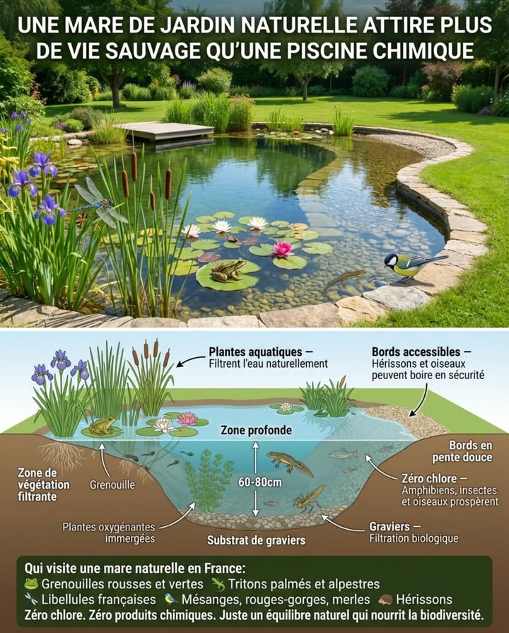 Une mare de jardin naturelle attire plus de vie sauvage quune piscine chimique.
Sans chlore, sans produits toxiques  juste un équilibre écologique qui nourrit la biodiversité française.
Ce qui rend une mare naturelle si précieuse pour la faune :
1 ZÉRO CHLORE  Les amphibiens, insectes aquatiques et oiseaux peuvent boire sans danger
2 VÉGÉTATION FILTRANTE  Les plantes aquatiques iris, joncs, massettes créent des refuges pour libellules, tritons et grenouilles
3 BORDS EN PENTE DOUCE  Les hérissons, oiseaux et amphibiens peuvent entrer et sortir en sécurité
4 EAU PROPRE NATURELLEMENT  La filtration biologique par plantes et graviers maintient leau saine toute lannée
Qui visite une mare naturelle en France :
 Grenouilles rousses et vertes  reproduction et chasse aux insectes
年 Tritons palmés et alpestres  hibernation et ponte
烈 Libellules Anax empereur, Caloptéryx  larves aquatiques, adultes chasseurs
 Mésanges, rouges-gorges, merles  viennent boire et se baigner
璉 Hérissons  boivent en sécurité grâce aux bords accessibles
Une piscine chlorée tue tout ce qui y entre. Une mare naturelle crée un refuge.
Si vous avez lespace : une mare naturelle soutient des dizaines despèces.