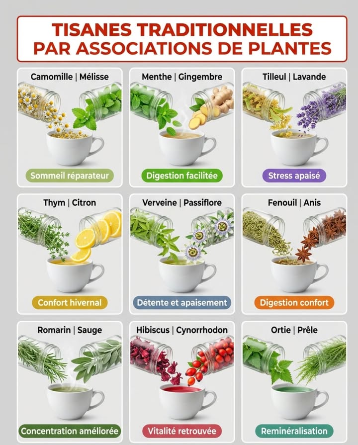 Neuf associations de plantes, neuf usages différents  ces mélanges traditionnels fonctionnent parce que chaque plante renforce laction de lautre. 

Les plus faciles à cultiver soi-même pour avoir ces tisanes gratuitement au jardin : camomille romaine, mélisse, menthe, lavande, thym, fenouil, romarin, sauge, ortie. La plupart sinstallent une fois et reviennent chaque année.

Deux associations particulièrement efficaces à connaître : le fenouil  lanis tous deux carminatifs, agissent sur les spasmes digestifs et les ballonnements rapidement après le repas et le tilleul  la lavande deux plantes dont les effets relaxants sur le système nerveux sont complémentaires, idéales le soir.

Précautions importantes : la sauge et le romarin sont déconseillés aux femmes enceintes ou allaitantes, ainsi quaux personnes épileptiques thuyone. La passiflore interagit avec certains médicaments sédatifs. Ces tisanes sont des usages traditionnels  elles ne remplacent pas un avis médical pour toute condition persistante. 

#tisanesdujardin #phytothérapietraditionelle #herbesaromatiques #jardinmedicinal