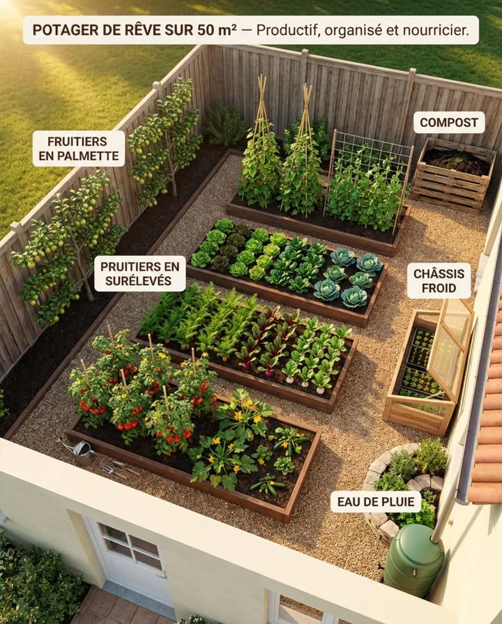 Cinquante mètres carrés suffisent pour nourrir une famille de quatre personnes en légumes frais de mars à novembre  à condition que chaque planche, chaque bordure et chaque centimètre vertical travaille.

Le potager de 50 m ne ressemble pas à un champ en miniature. Il fonctionne comme un système où chaque zone a une fonction précise et où les déchets de lune nourrissent lautre.

Les planches surélevées occupent le centre  quatre planches de 1,20 m de large sur 3 m de long, espacées de 40 cm pour circuler sans jamais marcher sur la terre. La largeur de 1,20 m permet datteindre le centre depuis les deux côtés sans compacter le sol. Le volume de terre surélevé se réchauffe deux semaines plus tôt quun sol plat, ce qui avance les premiers semis de mars.

La rotation sur quatre planches est la clé : planche 1  légumes-fruits tomates, courgettes, poivrons, planche 2  légumes-racines carottes, betteraves, navets, planche 3  légumes-feuilles laitues, épinards, choux, planche 4  légumineuses haricots, pois, fèves qui fixent lazote pour la planche suivante. Chaque année, tout décale dun cran.

Le long de la clôture sud : des fruitiers en palmette. Un pommier et un poirier conduits à plat contre la clôture occupent 30 cm de profondeur et produisent autant quun arbre de plein vent  la chaleur réfléchie par la clôture avance la maturité des fruits de dix jours.

Le châssis froid contre le mur de la maison prolonge la saison de deux mois dans chaque direction  semis de février et récoltes de novembre. Un coffre en bois de 1 m  1,50 m avec une vieille fenêtre posée dessus suffit. La température intérieure dépasse celle de lextérieur de 8 à 12C les jours de soleil.

Le composteur en angle reçoit les déchets de cuisine et les résidus du potager. Un mètre cube produit 400 litres de compost mûr par an  exactement la quantité nécessaire pour amender les quatre planches à raison de 5 cm par planche en automne.

Le récupérateur deau de pluie contre la gouttière stocke 300 litres  de quoi arroser le potager pendant trois semaines sèches avec un goutte-à-goutte gravitaire branché au robinet du bas.

Lerreur que la plupart des jardiniers de 50 m commettent : vouloir tout cultiver en même temps. La productivité vient de la succession  quand les pois de printemps finissent en juin, les haricots prennent leur place le même jour. Quand les laitues dété montent, les chicorées dautomne sont déjà en godet, prêtes à repiquer dans lheure.

Cinquante mètres carrés bien conduits ne laissent jamais un centimètre de terre nue ni une semaine sans récolte.

#PotagerProductif #Potager50m2 #AutonomieAlimentaire #PotagerFamilial #JardinNourricier