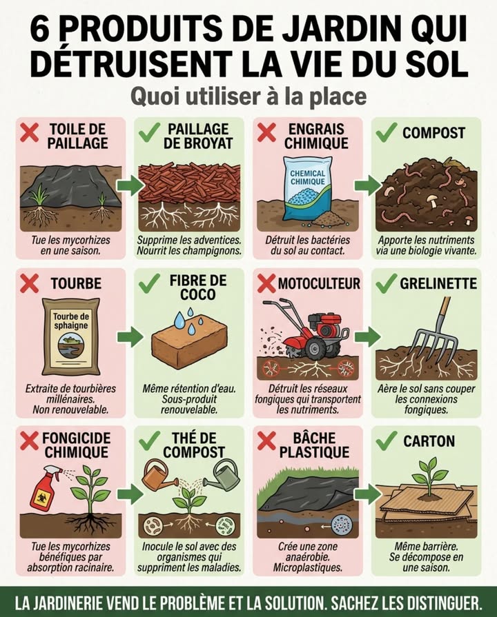 La jardinerie vend le problème et la solution dans le même rayon  souvent côte à côte. 

La logique est identique pour les six : le produit cher stérilise, lalternative simple nourrit. Broyat, compost et carton sont souvent disponibles gratuitement auprès des élagueurs locaux et des déchetteries communales.

Ce que le tableau ne précise pas : les résultats ne sont pas immédiats. La biologie du sol met une à deux saisons à sinstaller. Ensuite, le sol saméliore seul chaque année au lieu de demander toujours plus dintrants. 

#solVivant #jardinBiologique #compost #permacultureFrance