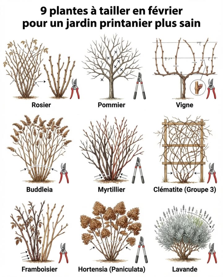 9 plantes à tailler en février pour un jardin printanier plus sain

La taille en fin dhiver prépare une croissance plus forte, une meilleure circulation de lair et une floraison ou fructification plus abondante dans la saison à venir. Dans les régions à hiver doux ou sans gel Sud, Ouest, littoral atlantique/méditerranéen, février offre une fenêtre appropriée pendant que les plantes sont encore dormantes et que lénergie est stockée dans les racines.

Plantes fruitières et ornementales bénéficiant dune taille en février :

Rosiers hybrides de thé et floribunda – Supprimer les tiges mortes et faibles, former avec 3 à 5 cannes fortes, et ouvrir le centre pour la circulation de lair et une floraison printanière vigoureuse

Pommiers – La taille en dormance révèle la structure des branches, facilitant le retrait des branches qui se croisent, des gourmands et du bois malade

Vignes – Rabattre jusquà 80-90 % de la croissance de lannée précédente pour concentrer lénergie sur moins de sarments fructifères de meilleure qualité. Technique classique de la viticulture française.

Buddleia Arbre aux papillons – Rabattre à 30-45 cm ; les fleurs se forment sur la nouvelle croissance et la taille prévient les plants hauts et dégingandés. Note : considéré comme invasif dans certaines régions.

Arbustes, vignes et petits fruits qui répondent bien :

Myrtilliers – Supprimer les cannes les plus anciennes et les plus épaisses au niveau du sol et éclaircir la croissance dense pour améliorer la lumière et la taille des fruits

Clématites Groupe 3 – floraison sur bois nouveau – Rabattre sévèrement à 20-30 cm pour encourager une floraison estivale abondante

Framboisiers remontants dété – Supprimer les cannes qui ont fructifié lannée dernière et éclaircir les nouvelles aux 4 à 6 plus fortes par mètre linéaire pour une meilleure circulation de lair et un meilleur rendement. Pour les variétés remontantes dautomne, la taille peut différer.

Hortensias types Paniculata et Arborescens – Rabattre dun tiers à la moitié ; les fleurs se forment sur le bois nouveau

Lavande – Façonner légèrement et retirer le bois mort hivernal, mais éviter de couper dans les vieilles tiges ligneuses qui ne repousseront pas

La taille en dormance dirige lénergie printanière vers des pousses saines, une floraison plus forte et une meilleure production de fruits. Des coupes nettes maintenant signifient moins de problèmes de maladies et une meilleure structure de la plante toute lannée.

Note climatique : Dans les régions à hiver froid Nord, Est, montagne, reporter ces tailles de 2 à 4 semaines si le sol est encore gelé ou si des gelées sévères sont prévues.