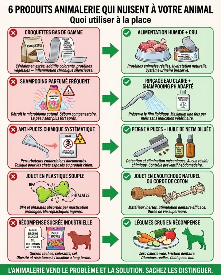 Lanimalerie vend le problème et la solution dans le même rayon  souvent côte à côte. 

La logique est identique pour les six : le produit cher stérilise ou crée une dépendance, lalternative simple nourrit ou respecte la biologie de lanimal.

Ce que le tableau ne précise pas : certaines alternatives demandent plus de temps et dobservation que le produit industriel. Mais elles construisent une santé durable au lieu de masquer un symptôme. 

#santeAnimal #alternativesNaturelles #animauxDomestiques #bienEtreAnimal