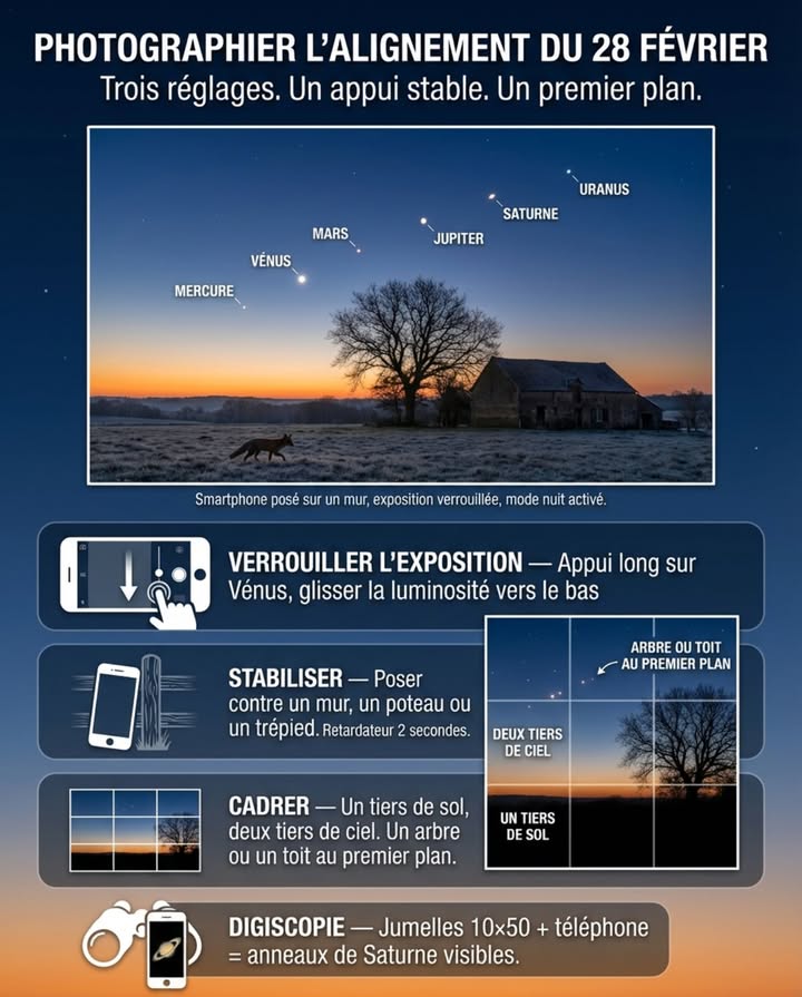 Le 28 février, la plupart des photos de lalignement seront identiques  six points blancs sur un ciel gris pris à bout de bras avec un téléphone qui tremble. Trois réglages et un appui stable suffisent à ramener une image que les autres nauront pas.

Le problème est toujours le même : le téléphone voit un ciel sombre et surexpose. Les planètes deviennent des taches blanches gonflées sans couleur ni distinction, et le dégradé de laube disparaît dans un aplat gris. La correction tient en un geste  appuyer longuement sur Vénus dans le viseur pour verrouiller la mise au point, puis glisser le curseur de luminosité vers le bas jusquà ce que le ciel redevienne profond et que Vénus retrouve son éclat ponctuel. Mars reprend sa teinte cuivrée, Jupiter sa stabilité blanche, et le gradient orange-bleu de laube apparaît dun coup.

Le mode nuit intégré à la plupart des smartphones fonctionne si le téléphone est parfaitement immobile pendant trois à cinq secondes. Poser le téléphone contre un poteau de clôture, un mur de pierre, le toit dune voiture garée  nimporte quel appui dur et stable. Un petit trépied de table à dix euros transforme le résultat mais nimporte quel objet plat fait laffaire. Sans appui, le mode nuit produit un flou de bougé qui ruine le cliché.

Le cadrage sépare une photo mémorable dun document technique. Inclure un premier plan terrestre  un arbre nu, un toit de ferme en pierre, une clôture givrée, une silhouette de clocher  ancre lalignement dans un paysage que les gens reconnaissent. Le rapport idéal : un tiers de sol sombre, deux tiers de ciel. Les images astronomiques les plus partagées ne sont pas les plus nettes, ce sont celles qui racontent un lieu.

Pour les jumelles 1050, une technique simple fonctionne : tenir le téléphone contre loculaire en alignant lobjectif du téléphone avec le cercle de lumière. Cette digiscopie improvisée peut capturer les anneaux de Saturne et les quatre lunes galiléennes de Jupiter en points alignés. Le résultat est imparfait mais spectaculaire sur un écran de téléphone  et personne dautre dans votre entourage naura cette image.

Le retardateur de deux secondes évite le flou provoqué par la pression du doigt sur lécran. Le format RAW, si disponible, préserve les couleurs des planètes et le dégradé de laube  le JPEG compresse les nuances subtiles qui font toute la différence entre une photo plate et une image vivante.

La photo que tout le monde partagera du 28 février ne sera pas prise par un astronome avec un télescope. Ce sera un smartphone posé contre une clôture, avec un renard flou au premier plan et six planètes nettes au-dessus dun village endormi.

#AlignementPlanétaire #PhotoDuCiel #AstrophotographieSmartphone #CielDeFévrier #NuitDu28Février