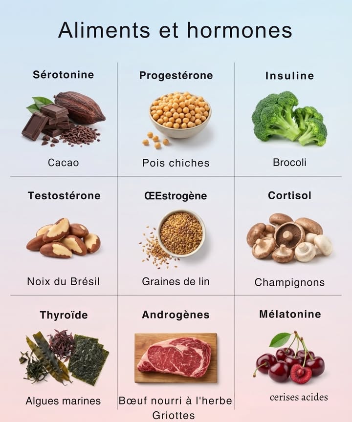 Les hormones jouent un rôle central dans léquilibre du corps, influençant lhumeur, lénergie, le métabolisme, le sommeil et la réponse au stress.

Lalimentation apporte certains nutriments qui participent au bon fonctionnement hormonal, en soutenant les voies métaboliques naturelles de lorganisme.

Les fibres, les acides gras essentiels, les minéraux et les composés végétaux contribuent à la régulation hormonale sans agir comme des hormones elles-mêmes.

Un apport alimentaire varié, de qualité et adapté favorise la stabilité des cycles biologiques et le maintien de léquilibre interne sur le long terme.