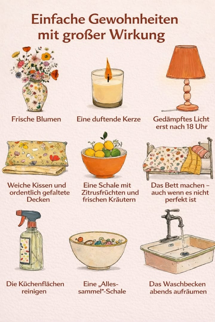 Einfache Gewohnheiten mit großer Wirkung 

Manchmal sind es nicht die großen Veränderungen, die unser Zuhause und unseren Alltag verbessern  sondern die kleinen, einfachen Gesten. 

 Frische Blumen bringen sofort Leben und Wärme in jeden Raum.
 Eine duftende Kerze schafft Ruhe und eine entspannte Atmosphäre.
 Gedämpftes Licht am Abend hilft Körper und Geist, zur Ruhe zu kommen.
 Weiche Kissen und ordentlich gefaltete Decken lassen dein Zuhause gemütlicher wirken.
 Eine Schale mit Zitrusfrüchten und frischen Kräutern sorgt für Frische und Natürlichkeit.
 Das Bett machen  auch wenn es nicht perfekt ist  ein kleiner Schritt für mehr Ordnung im Kopf.
林 Saubere Küchenflächen geben sofort ein Gefühl von Klarheit.
北 Eine Alles-sammel-Schale verhindert Chaos und spart Zeit.
 Abends das Waschbecken aufräumen sorgt für einen entspannten Start in den nächsten Tag.

 Kleine Routinen, die kaum Zeit kosten  aber einen großen Unterschied machen.