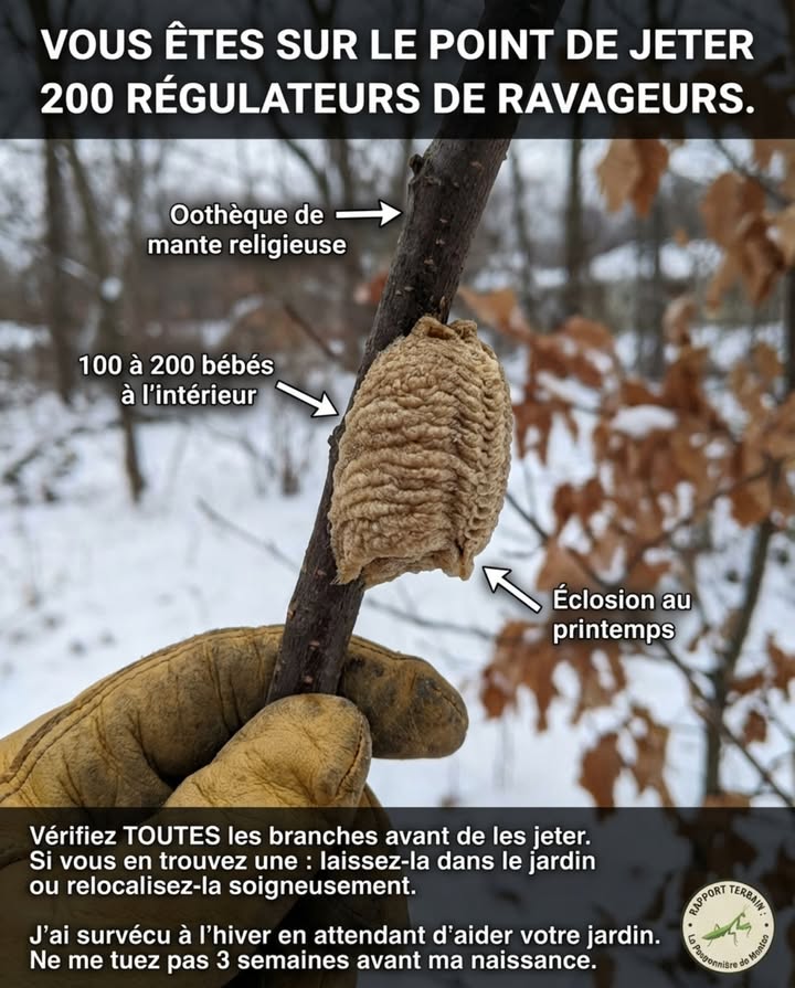 Vous êtes sur le point de jeter 200 régulateurs de ravageurs

Cette masse mousseuse sur une branche nest pas un déchet. Cest léquipe de régulation des ravageurs de la prochaine saison qui attend lhiver. Les oothèques de mantes religieuses sont lune des formes les plus négligées de protection de la faune du jardin. Si elles sont jetées dans les déchets verts, une éclosion entière est perdue avant même le début du printemps.

Cherchez des coques beiges et bosselées sur les brindilles, clôtures et tiges mortes

Conservez la branche dans votre jardin ou placez-la verticalement dans un arbuste

Évitez de la rentrer à lintérieur les températures chaudes peuvent déclencher une éclosion précoce

Laissez la nature les libérer au printemps, juste quand les ravageurs apparaissent

Une branche en désordre aujourdhui peut signifier moins de pucerons, mouches et moustiques demain.

Jai survécu à lhiver en attendant daider votre jardin. Ne me tuez pas 3 semaines avant ma naissance.