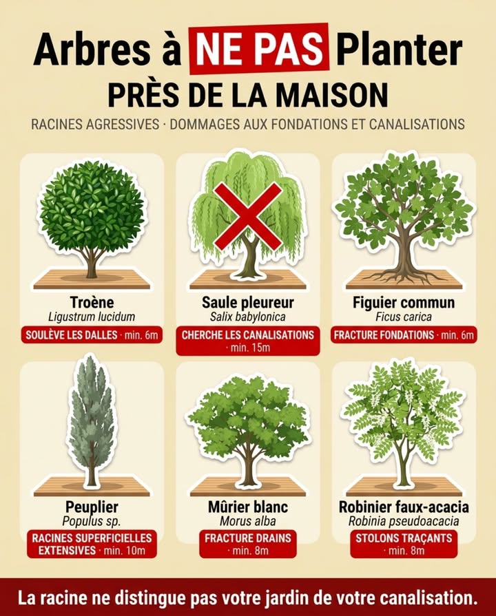 Certains des arbres les plus vendus en pépinière ont des racines parmi les plus agressives pour les fondations et les canalisations. Personne ne le dit au moment de lachat. 

Distance minimale de tout ouvrage à respecter :
 Saule pleureur : 15 m des canalisations  racines actives qui cherchent leau
 Peuplier : 10 m des fondations  racines superficielles très extensives
 Mûrier blanc : 8 m  fracture dalles et drains
 Figuier commun : 6 m  racines exploratrices puissantes en sol sec
 Robinier faux-acacia : 8 m  stolons et racines traçantes
 Troène arbustif : 6 m minimum en haie dense

La racine ne distingue pas votre jardin de votre canalisation. La décision se prend avant de planter. 

#ArbresRacinesAgressives #JardinMaison #PlantationArbres #ConseilsJardin