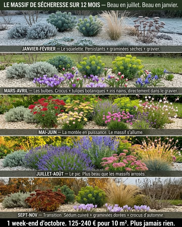 Le massif de sécheresse est beau en juillet. Il peut être beau en janvier  si les 4 saisons sont prévues dès la plantation.

Mars-avril : les bulbes de terrain sec prennent le relais  crocus, tulipes botaniques, iris nains. Ils percent directement dans le gravier
Mai-juin : la montée en puissance  valériane rouge, achillée, armérie, gaura. Le massif sallume
Juillet-août : le pic  lavande, pérovskia, sédum. Plus beau que les massifs arrosés pendant que les hortensias grillent
Sept-oct : transition dautomne  sédum cuivré, graminées dorées, crocus dautomne
Nov-fév : le squelette  santoline et euphorbe persistantes, graminées sèches, gravier clair au repos

Un week-end doctobre. 125 à 240 euros pour 10 m. Plus jamais rien ensuite 

#Massif4Saisons #BulbesDeTerrainSec #GraminéesOrnementales #JardinSansArrosage