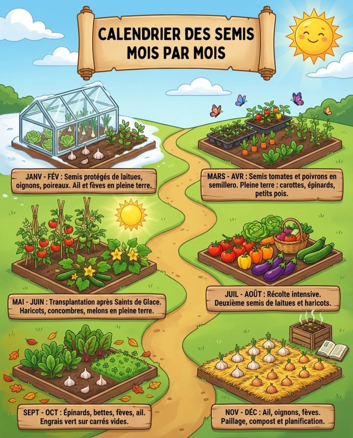 Un potager qui produit toute lannée na pas besoin de plus de place  il a besoin dun meilleur calendrier. 

Les deux moments critiques à ne pas rater :

Janvier-février : les semis de début dannée laitues, oignons, poireaux, fèves, ail en pleine terre dans les zones douces. Ces semis démarrent sous abri  un simple châssis ou une mini-serre suffit. Sans cette étape, vous perdez 2 mois de production au printemps.

Les Saints de Glace 11-13 mai : la limite de transplantation en France pour tomates, poivrons, aubergines, courgettes, concombres, haricots. Avant cette date, le risque de gelée nocturne est trop élevé sauf sous abri. Après, le potager entre en production maximale.

Le secret du potager dautomne : semer à nouveau en septembre-octobre épinards, bettes, radis, fèves, ail avant que les températures baissent trop. Beaucoup de jardiniers oublient cette fenêtre et ont un potager vide de novembre à mars.

Novembre-décembre ne signifie pas larrêt : cest le moment de planter lail et les oignons, de pailler les cultures en place et de retourner le compost pour préparer le printemps. 

#calendrierpotager #jardinage #potagerannuel #planificationpotager