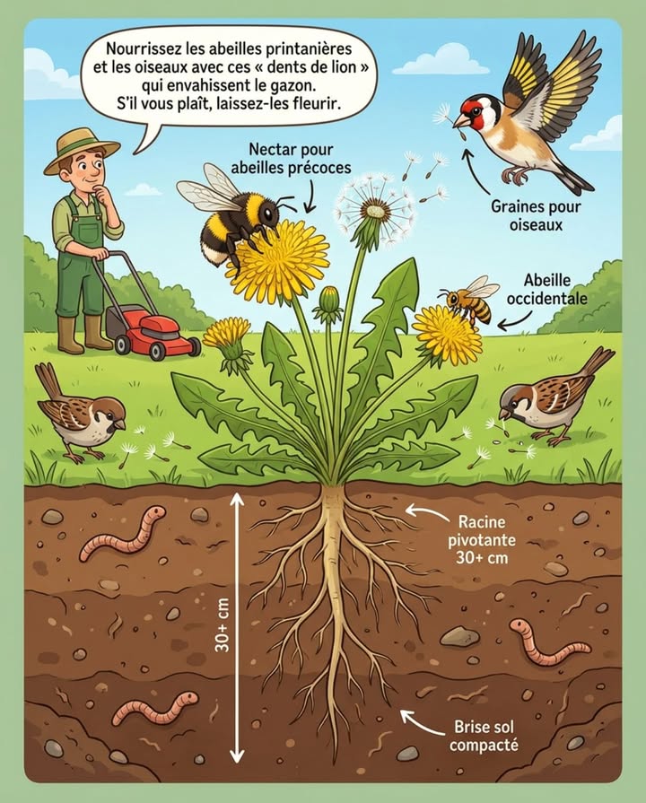 Nourrissez les abeilles printanières et les oiseaux affamés avec ces  dents de lion  qui envahissent le gazon. Sil vous plaît, laissez-les fleurir.
Les pissenlits ne sont pas que des herbes envahissantes : ce sont des garde-manger saisonniers qui sauvent des vies quand rien dautre ne fleurit.
Ils fleurissent en février-mars quand peu de plantes offrent du nectar, sauvant les abeilles qui sortent de la torpeur hivernale.
Leurs graines nourrissent chardonnerets, moineaux et pinsons durant printemps et été.
Racines pivotantes de 30 cm brisent les sols compactés et extraient des nutriments profonds.
Feuilles jeunes comestibles riches en vitamines A, C et K pour salades printanières.
Laisser les pissenlits dans le gazon garantit nourriture précoce pour pollinisateurs quand les jardins cultivés dorment encore.
Leurs fleurs dorées sont le premier festin après lhiver. Une mauvaise herbe pour toi est la différence entre vie et mort pour une abeille affamée.